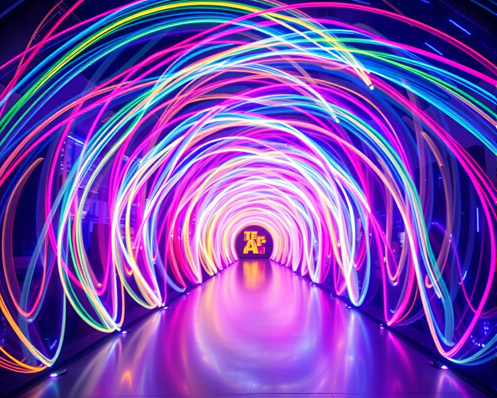 Glowing kinetic light tunnel weaving through modern art sculptures
