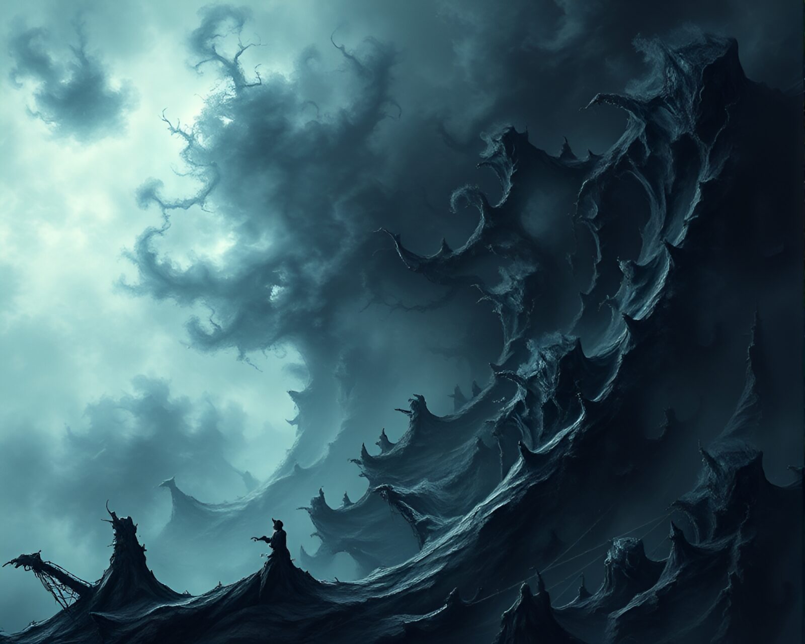 Ethereal fractal landscape with dark hues and intricate patterns