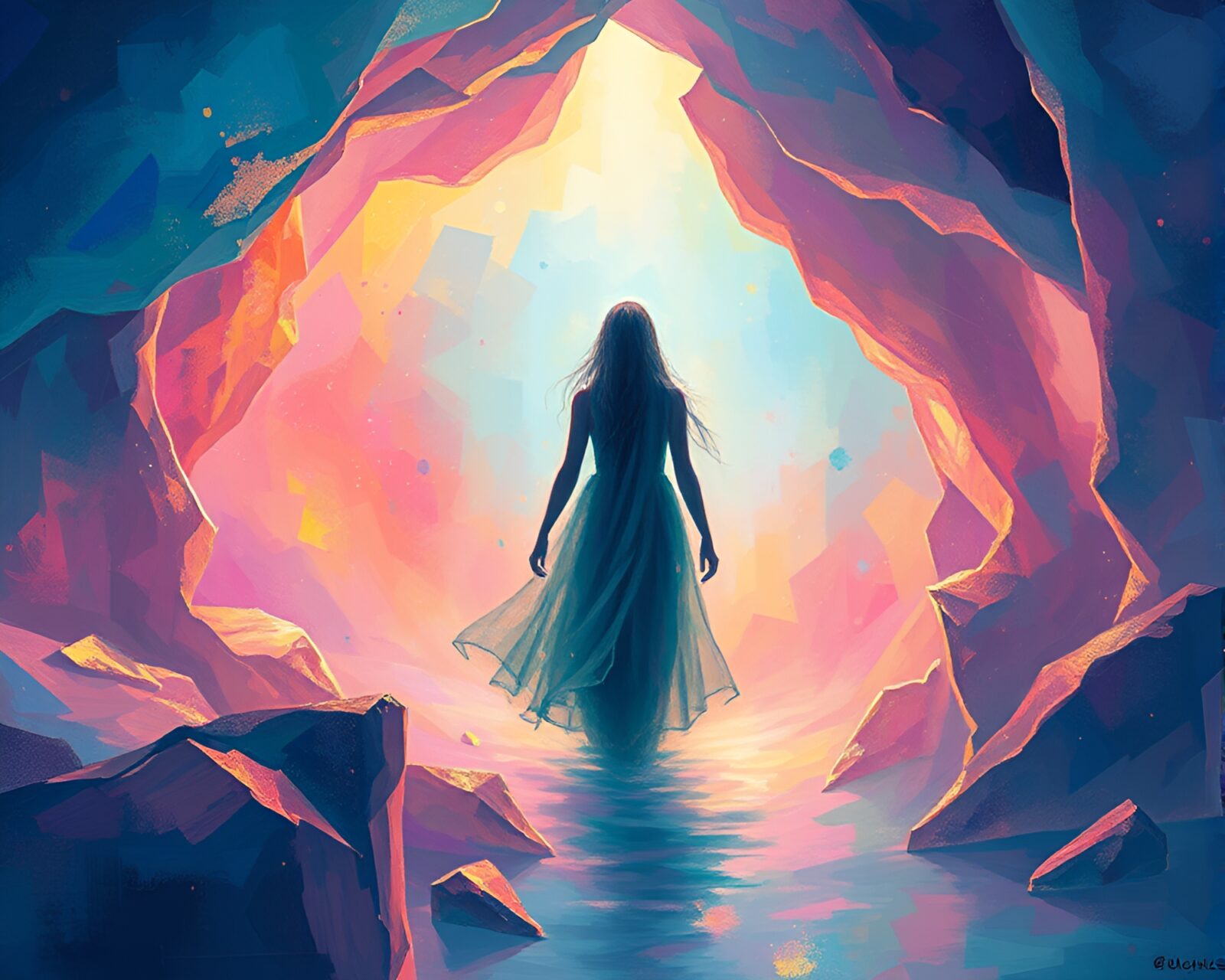Figure painting in colorful ice prism cavern with impressionism touch
