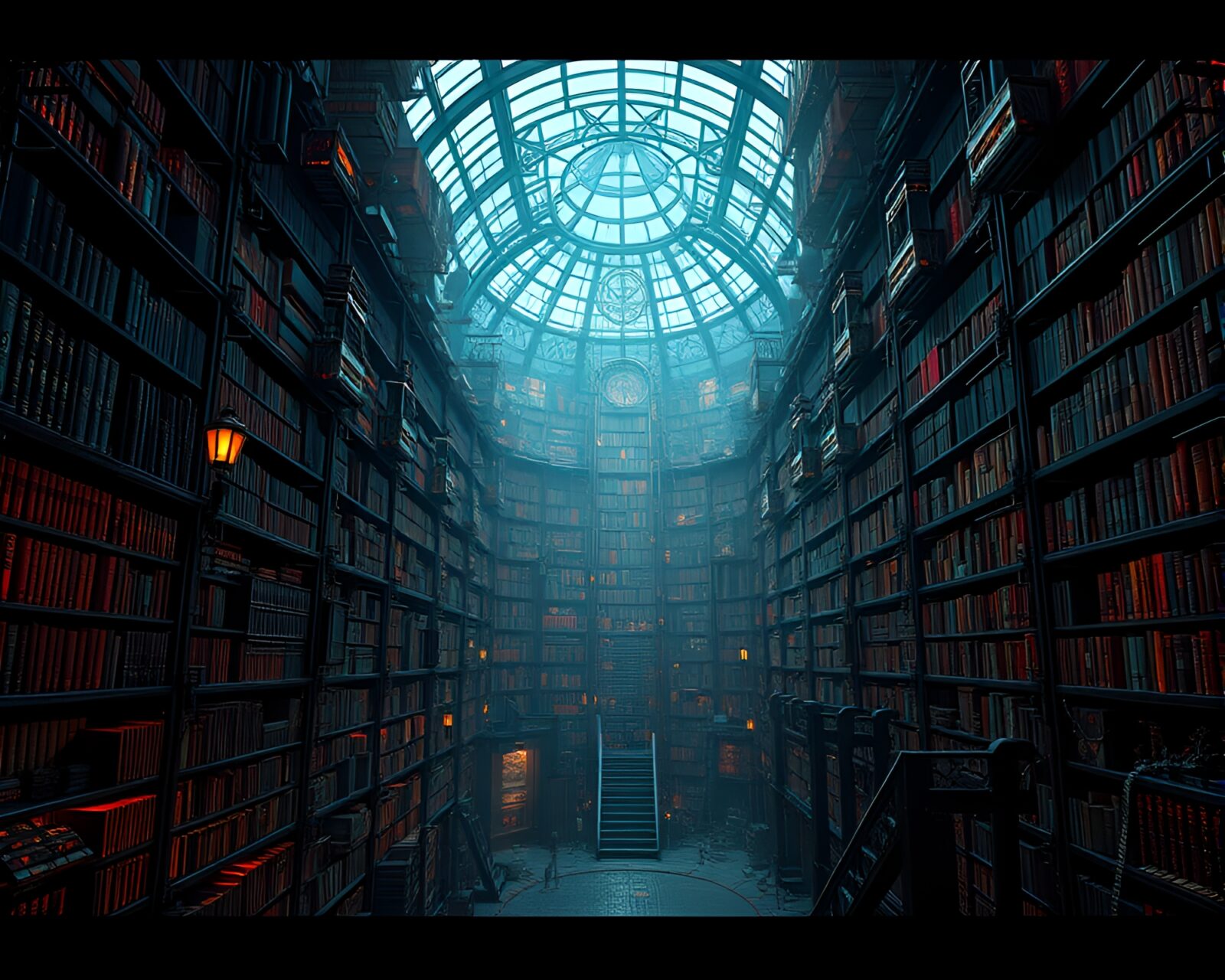 Surreal labyrinthine library with cyberpunk and steampunk design