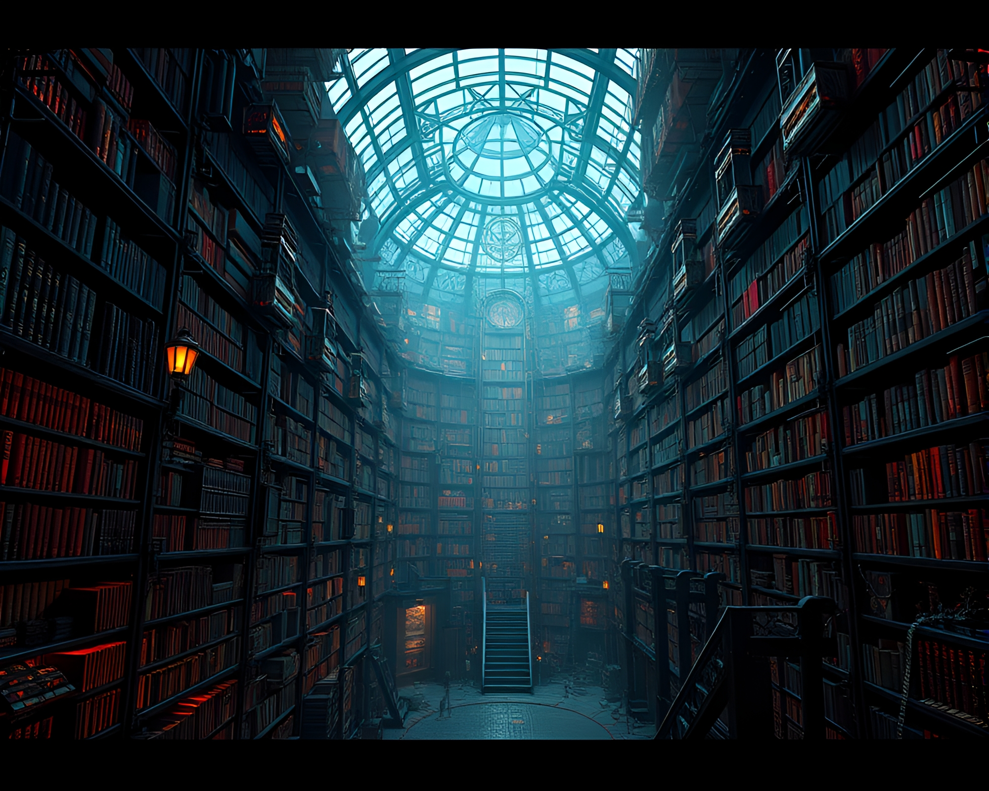 Cyberpunk Steampunk Library in Dystopian World – free AI stock image