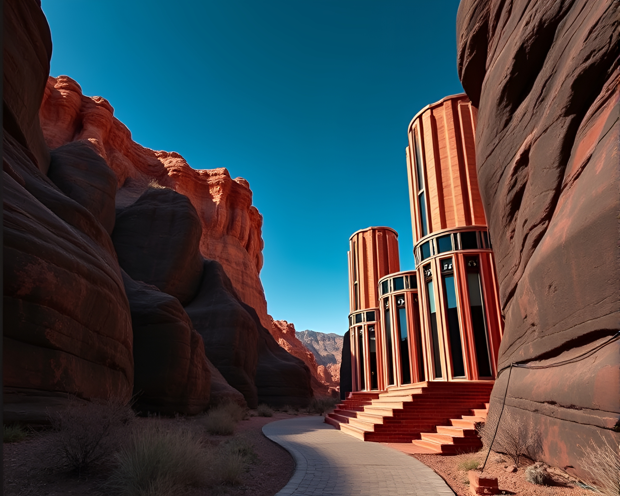 Art Deco Architecture in Obsidian Canyon Landscape – free AI stock image