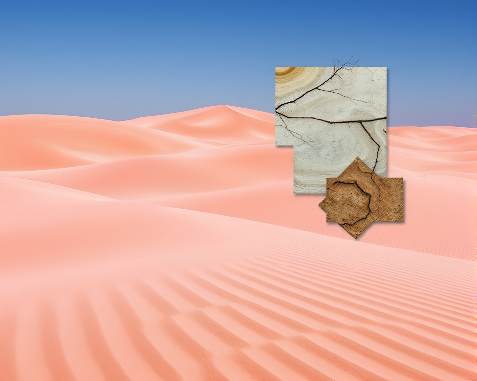 Vibrant Coral-Colored Sand Dunes with Abstract Artistry Collages – free AI stock image