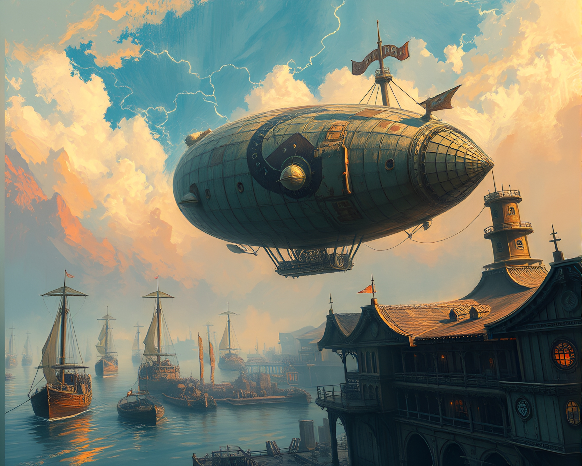 Steampunk Airship Port: Breathtaking Impressionistic Energy – free AI stock image