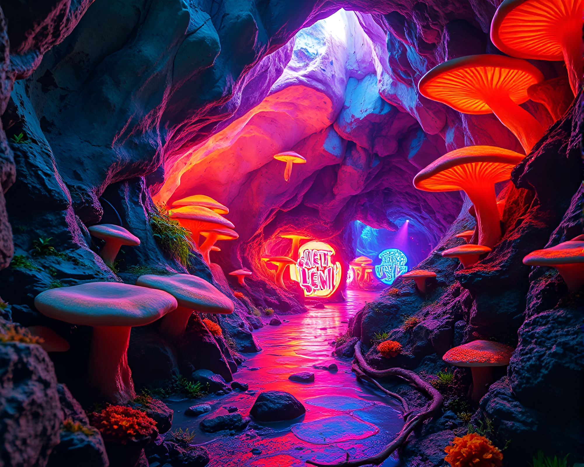 Luminous Fungus Cavern with Mesmerizing Neon Graffiti Landscape – free AI stock image