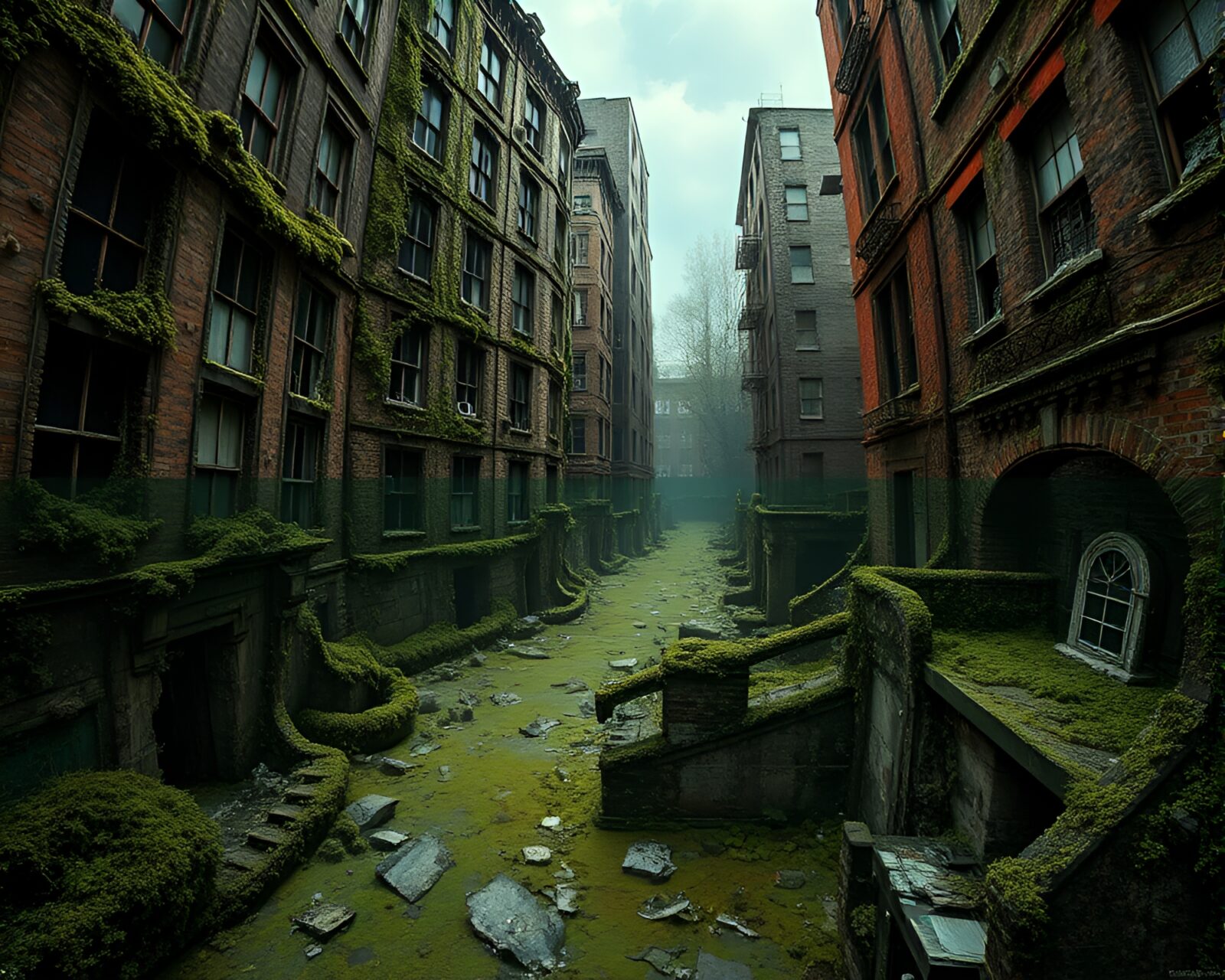Photomontage collage of algae-covered ruined buildings in sunken city