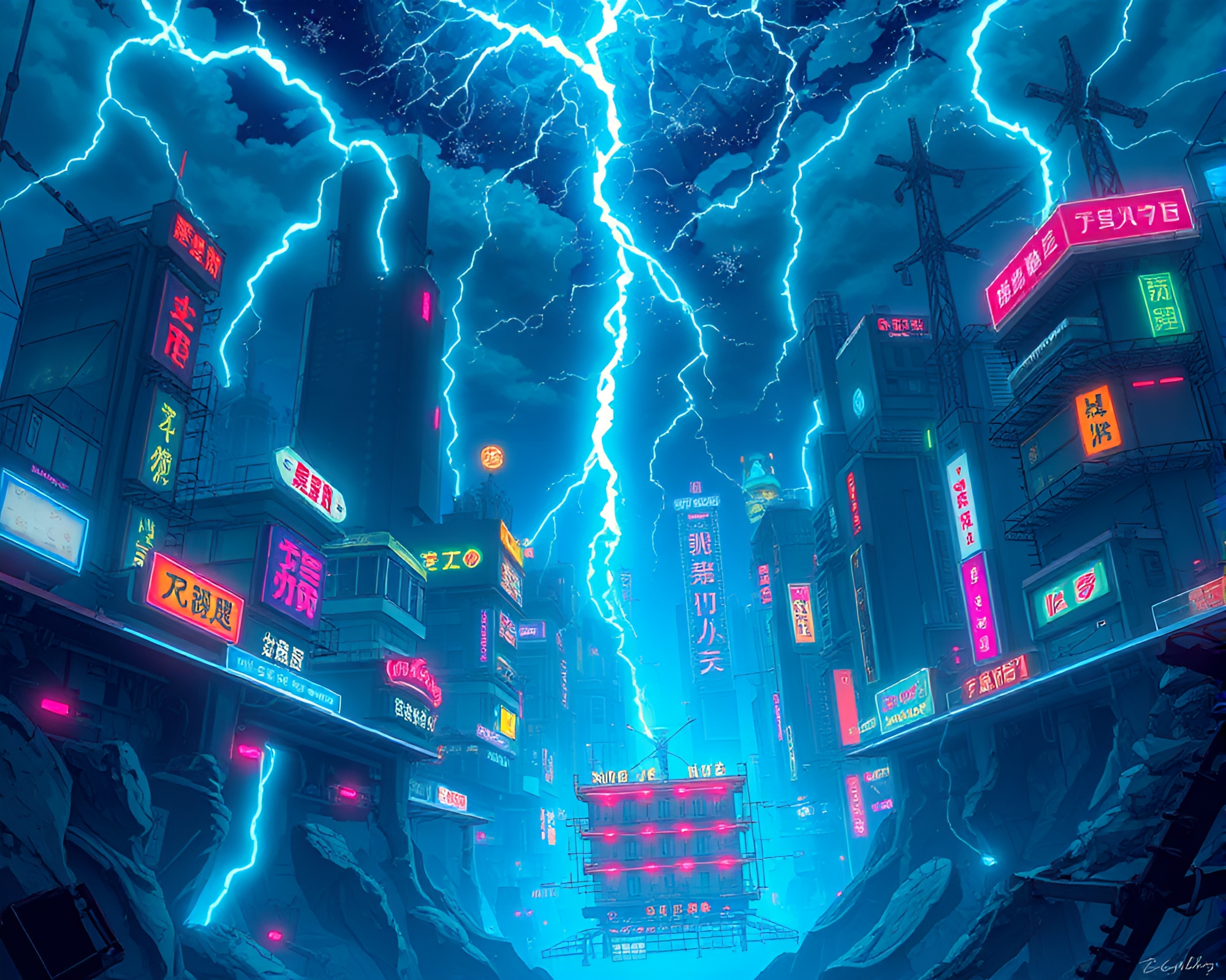 Electrically Charged Sunken Cityscape in Vibrant Anime Style – free AI stock image