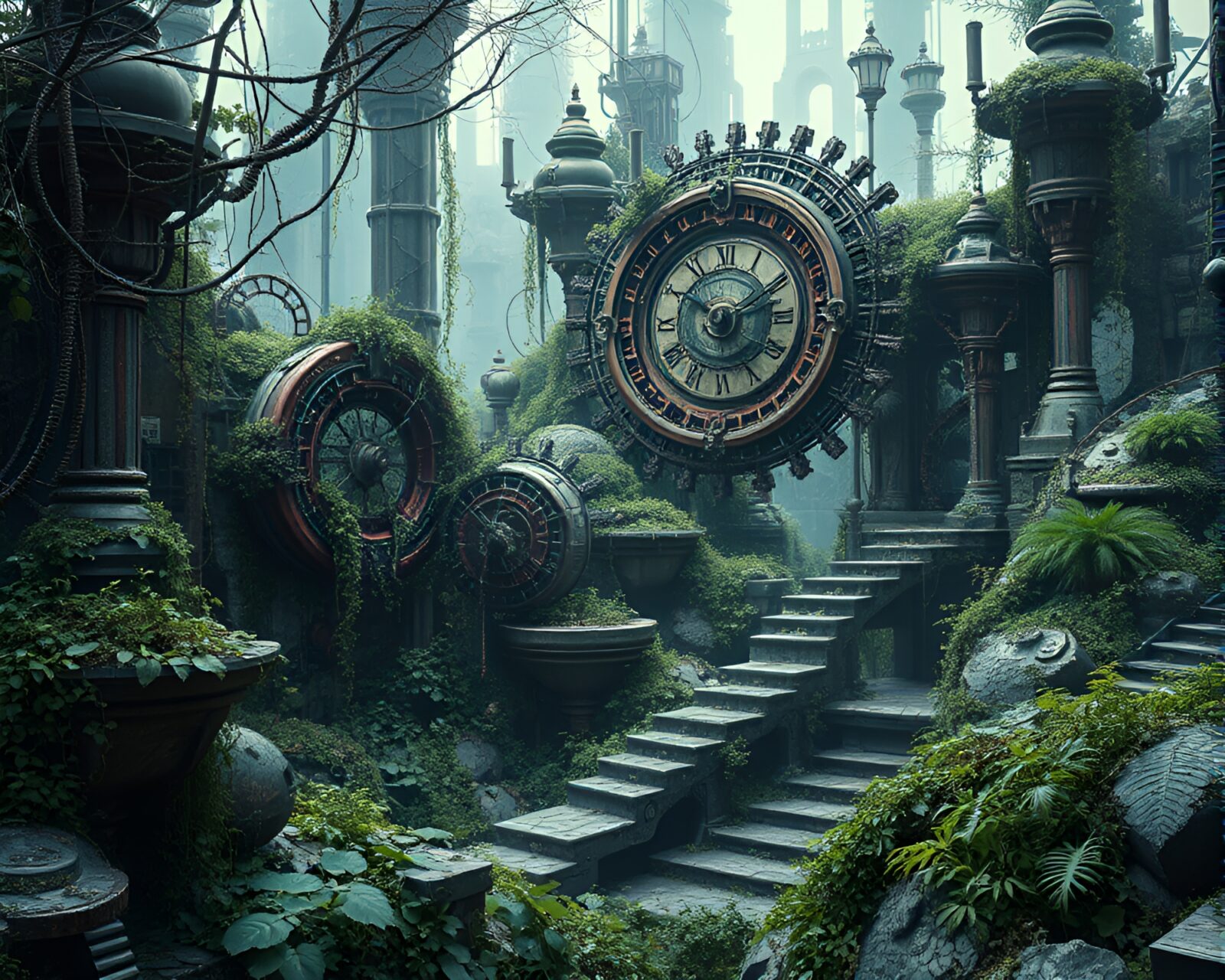 Futuristic and eerie clockwork garden in digital matte painting