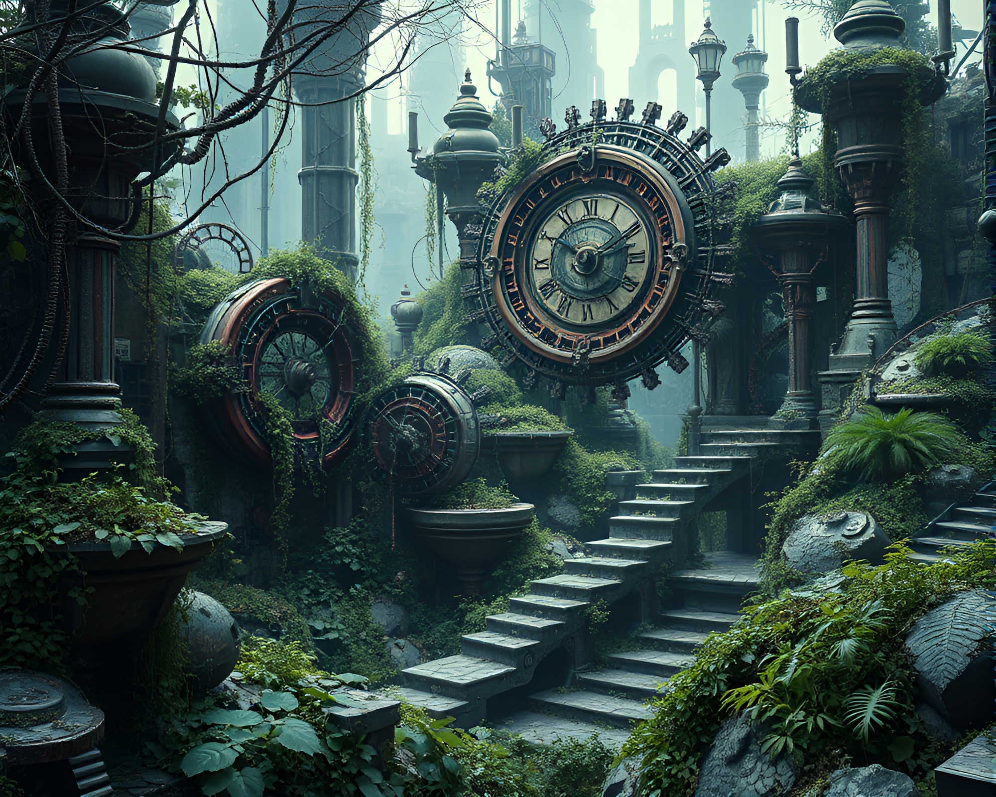 Eerie Clockwork Garden in Dystopian Future Landscape – free AI stock image