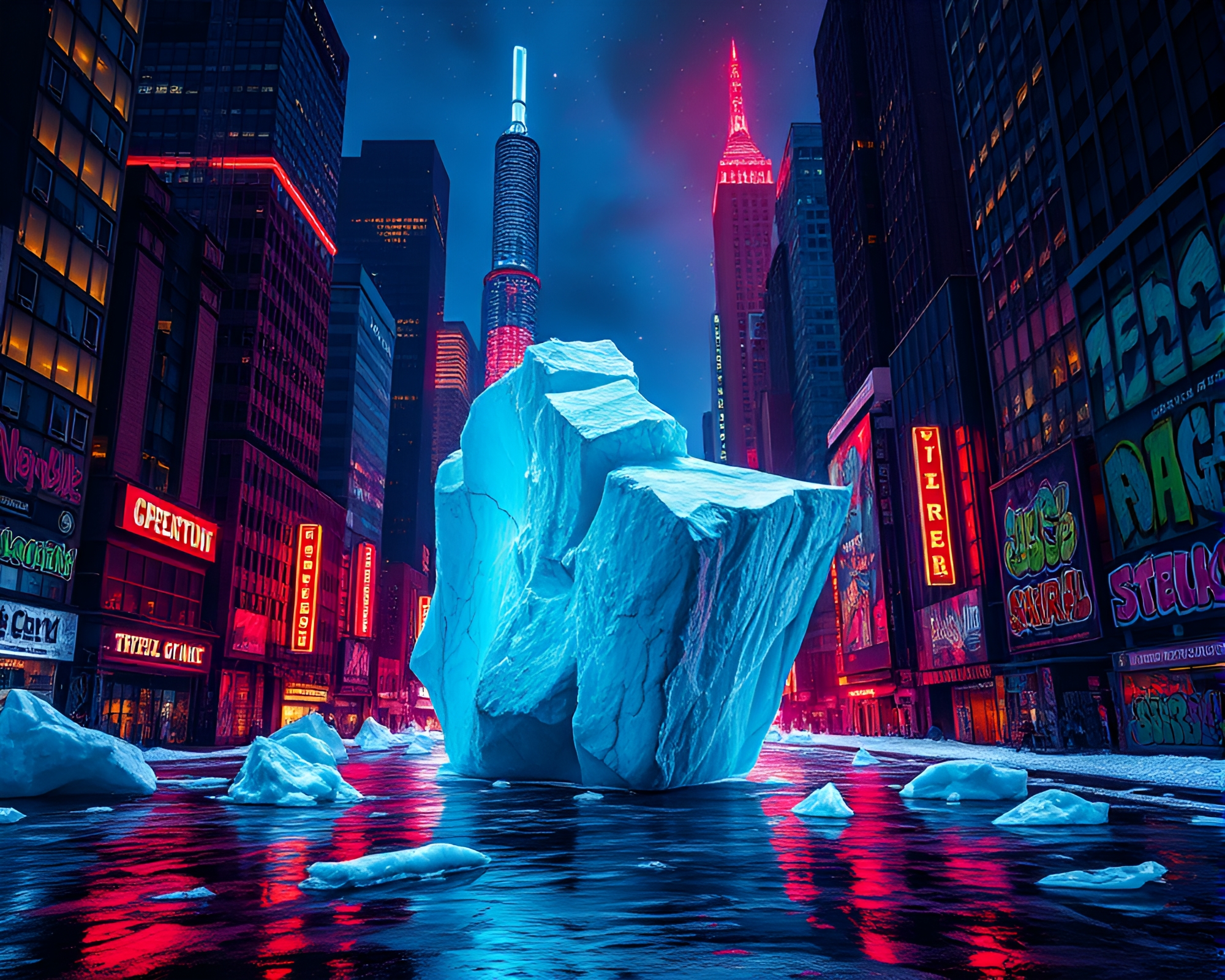 Neon Cityscape: Drifting Iceberg Shaped like Surreal Cathedral – free AI stock image