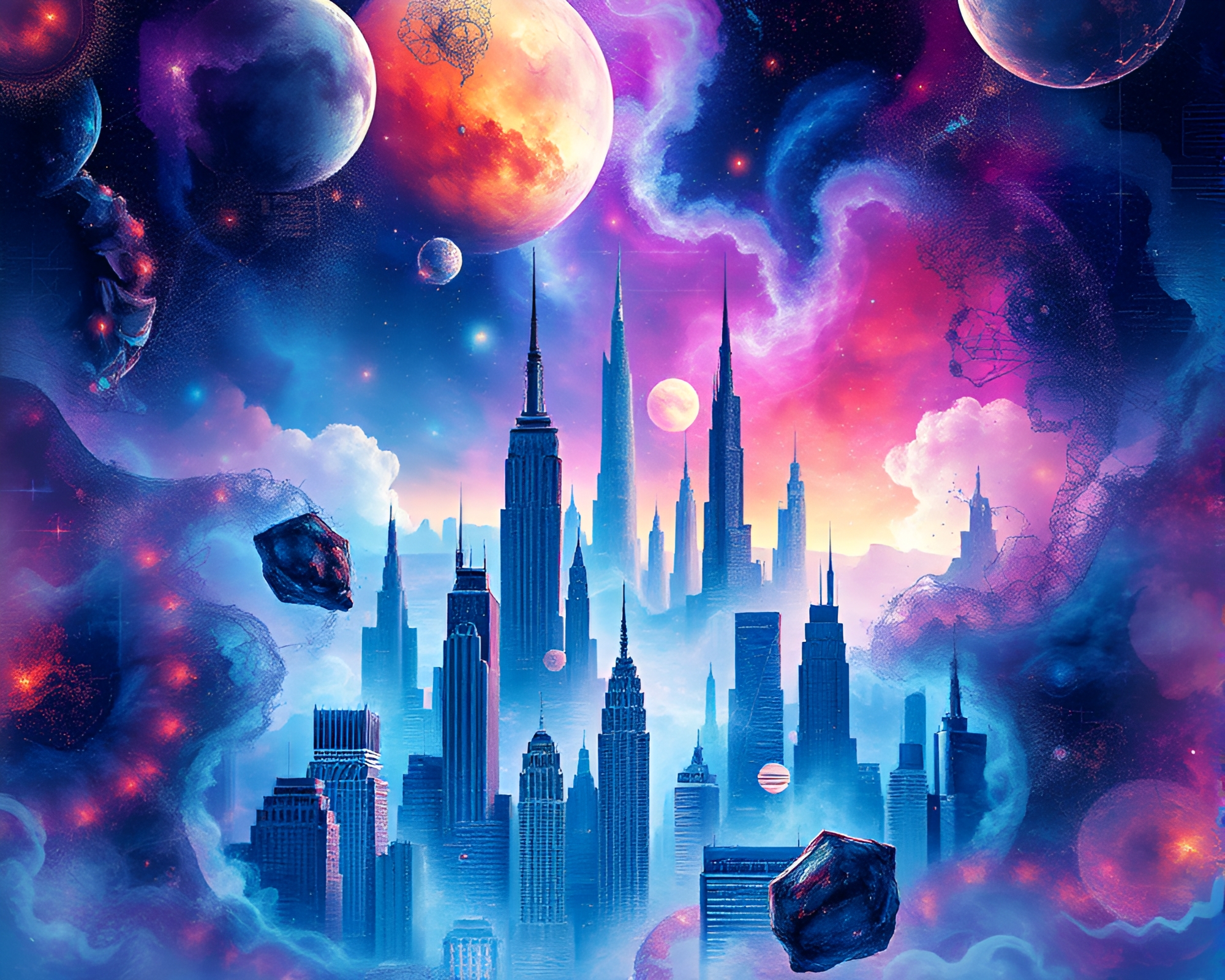 Futuristic Cityscape with Fractal Patterns and Cosmic Watercolors – free AI stock image