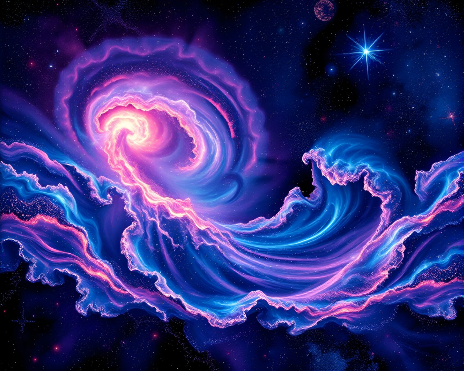 Swirling galaxies and shimmering surfaces in vivid colors