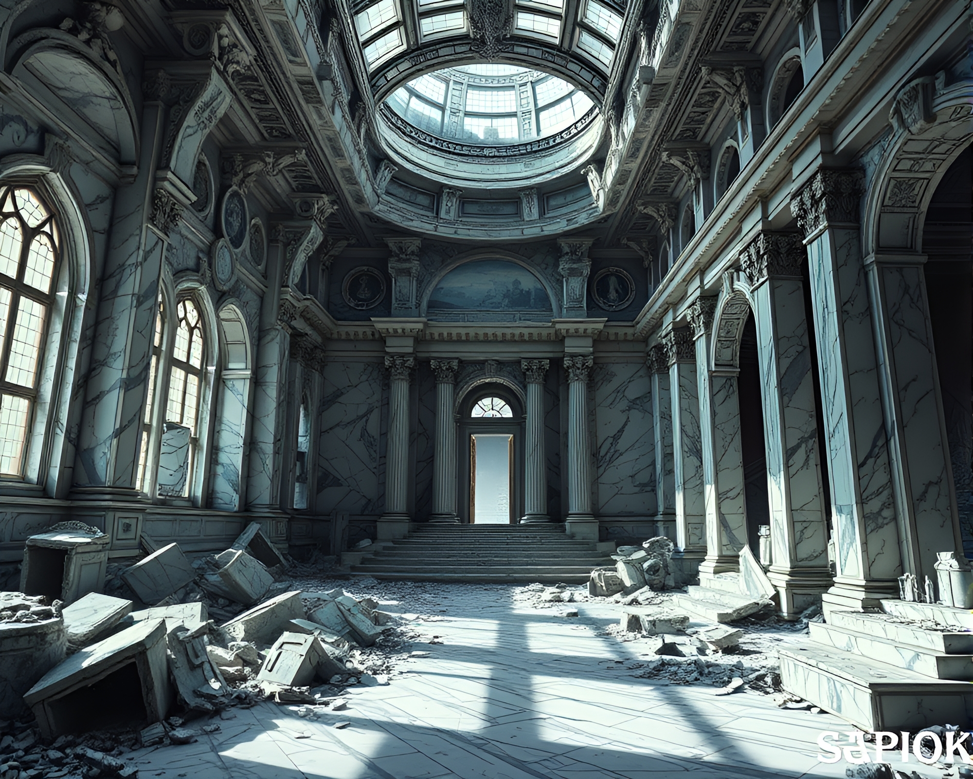 Elegant Art Deco Marble Palace in Ruins – free AI stock image