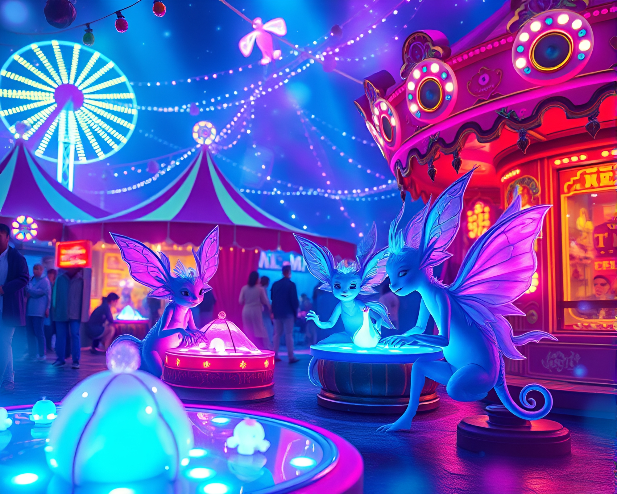 Ethereal Carnival: Bioluminescent Lights and Whimsical Creatures – free AI stock image