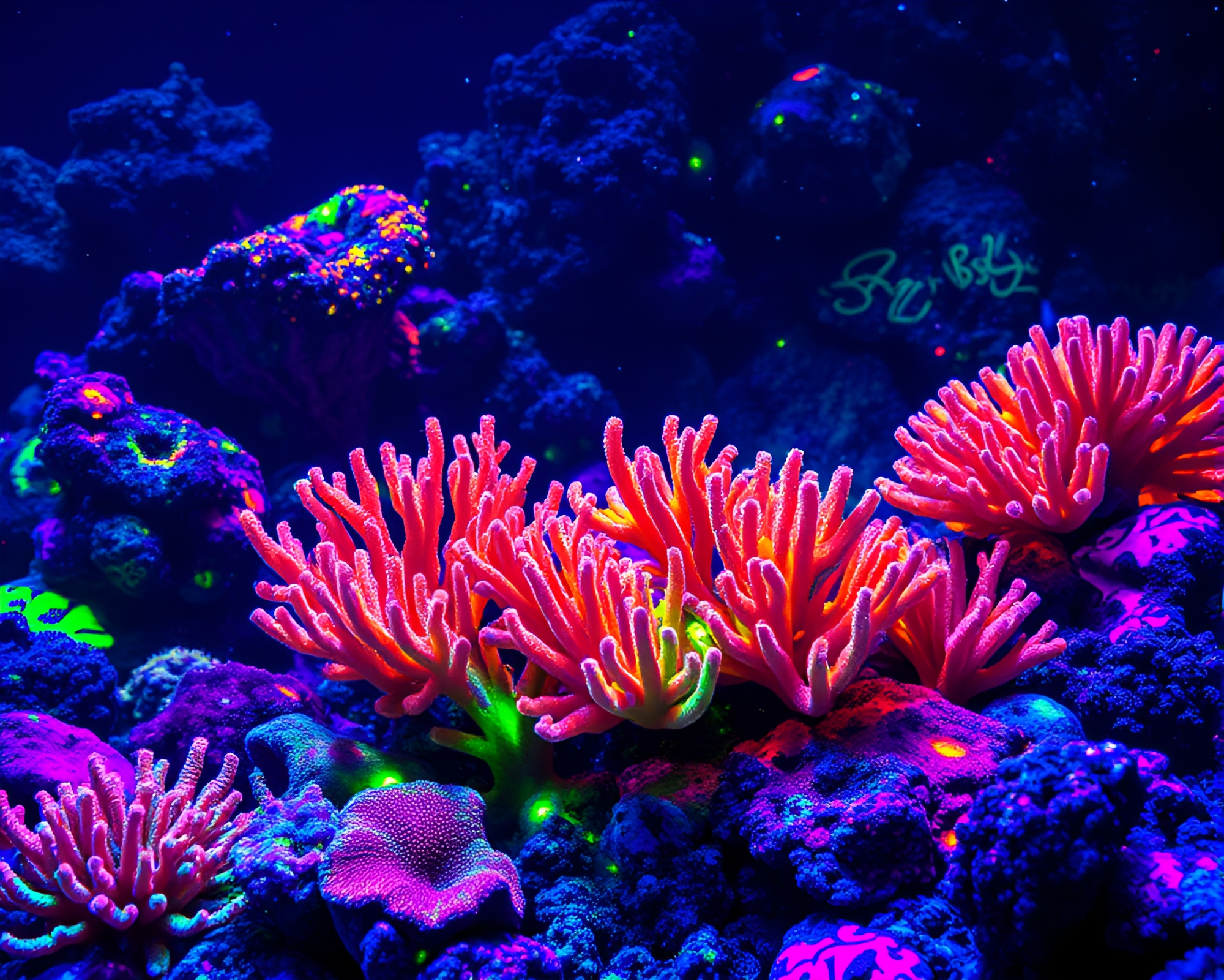 Neon Graffiti Tags Illuminate Vivid Underwater Coral Reef – free AI stock image