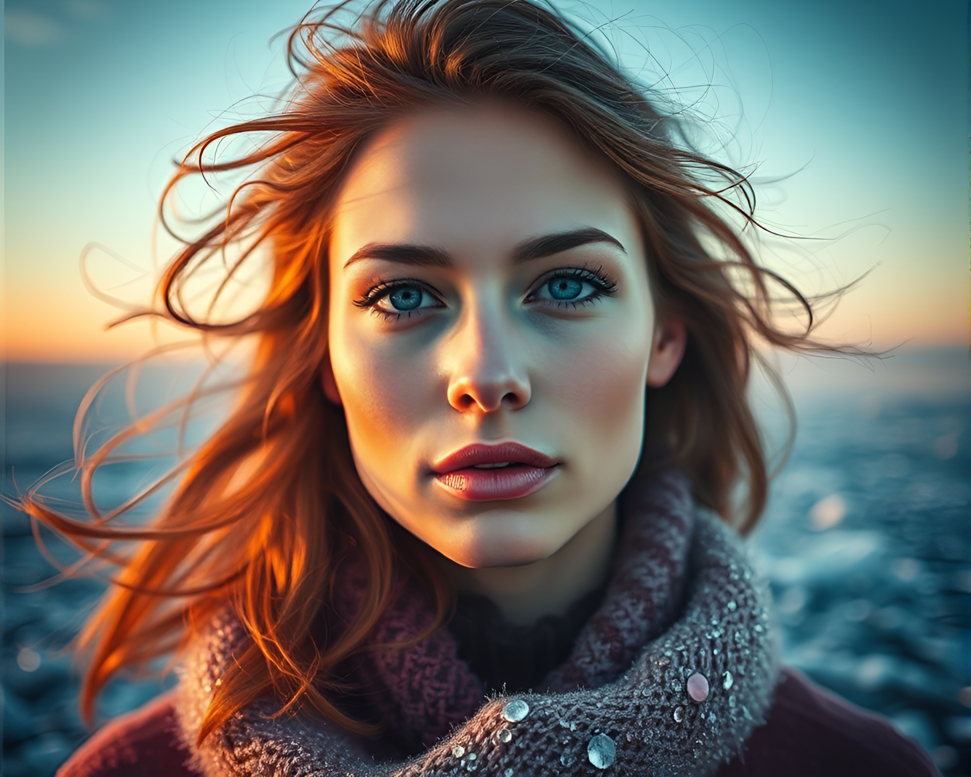 Vibrant Kinetic Portrait Amid Glittering Frost Plains – free AI stock image