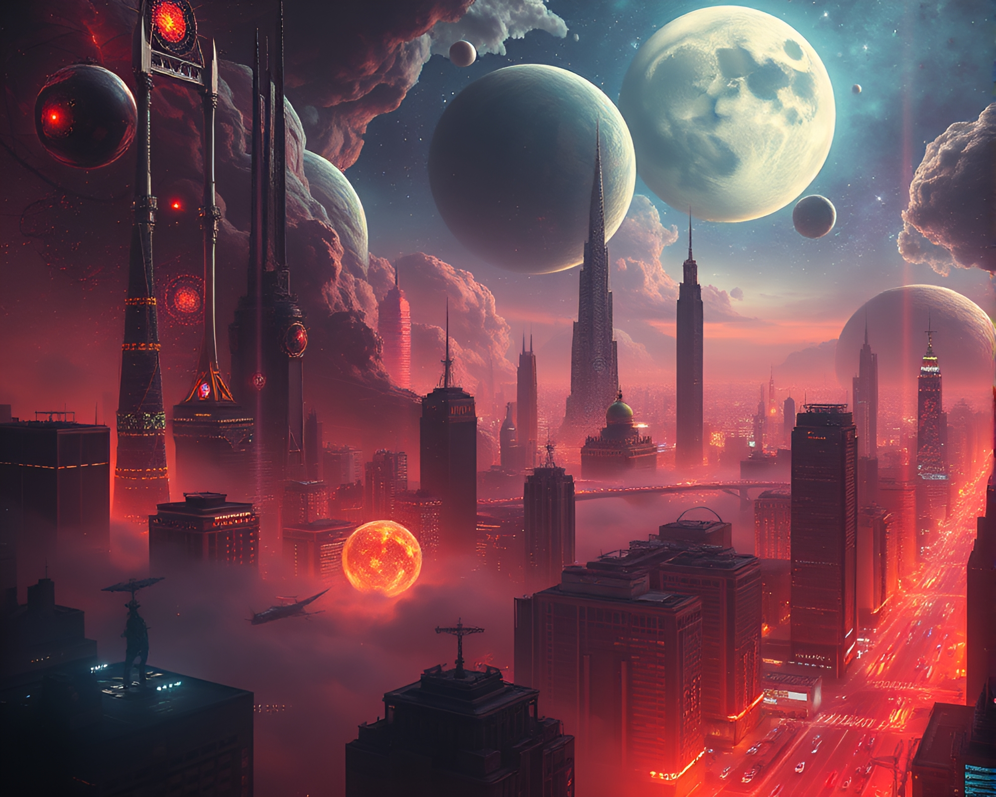 Swirling Cosmic Tapestry Over Futuristic Cityscape Art – free AI stock image