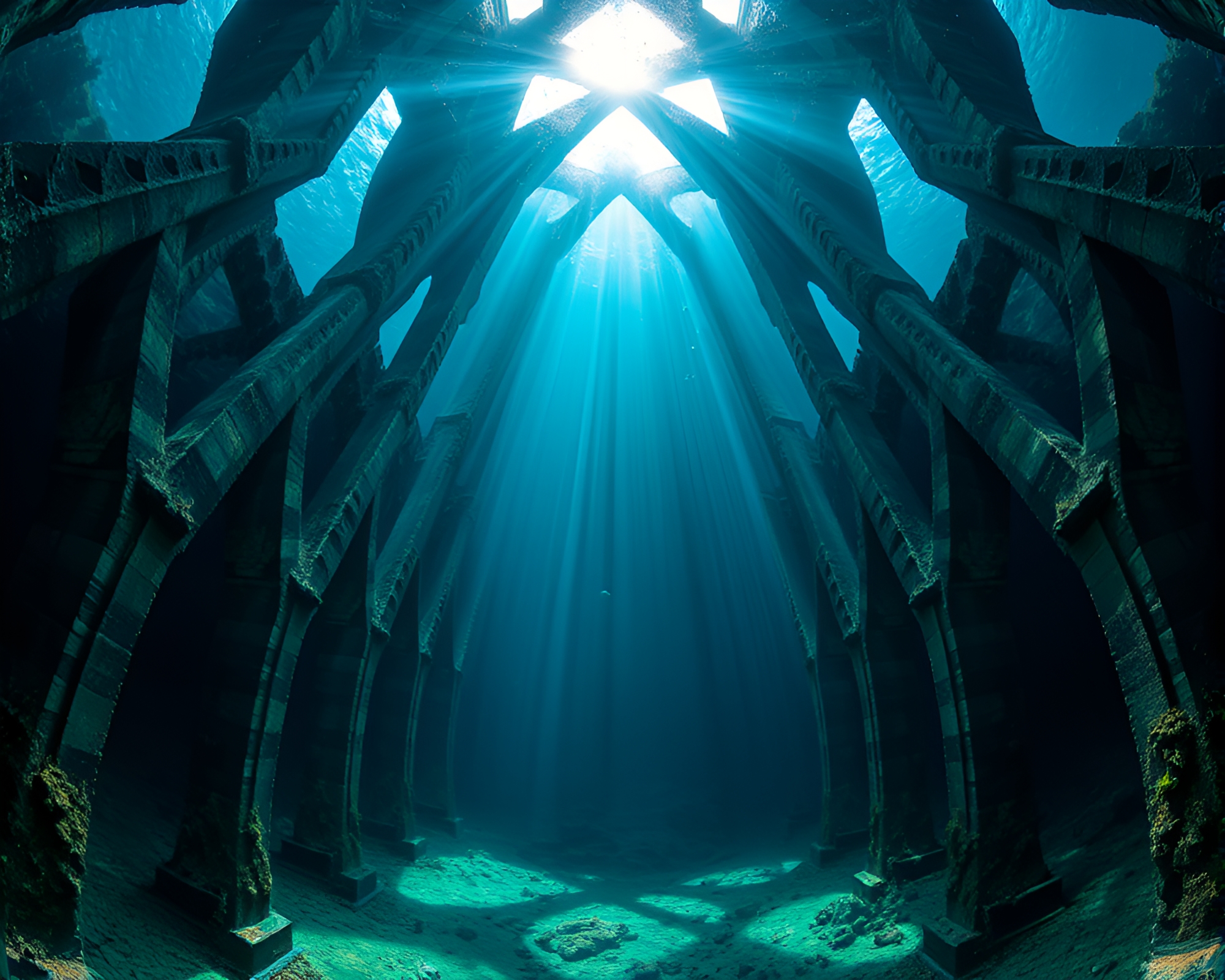 Underwater Cathedral: Angular Architecture Illuminated by Shafts of Light – free AI stock image