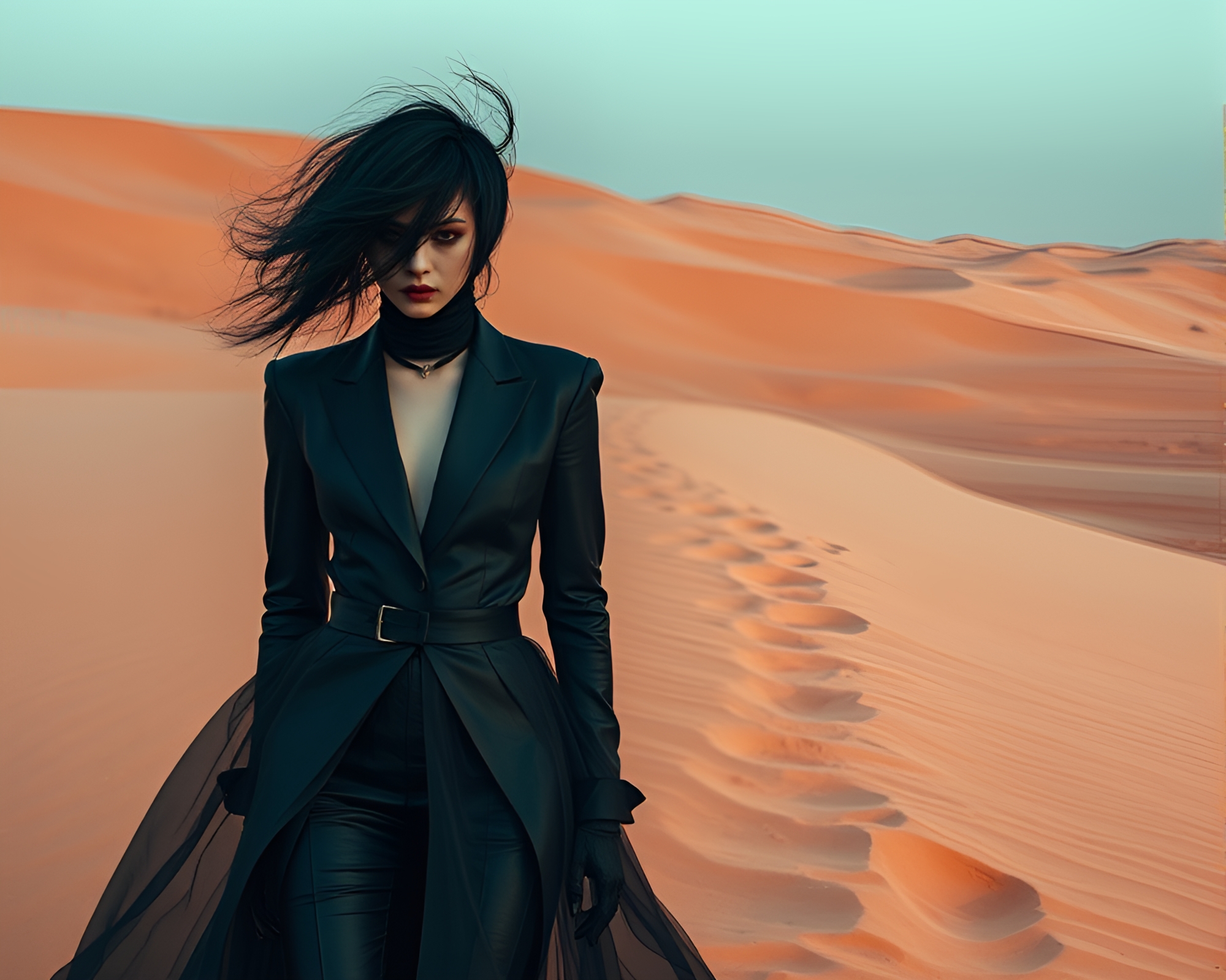 Avant-Garde Fashion Shoot in Coral Sand Dunes – free AI stock image