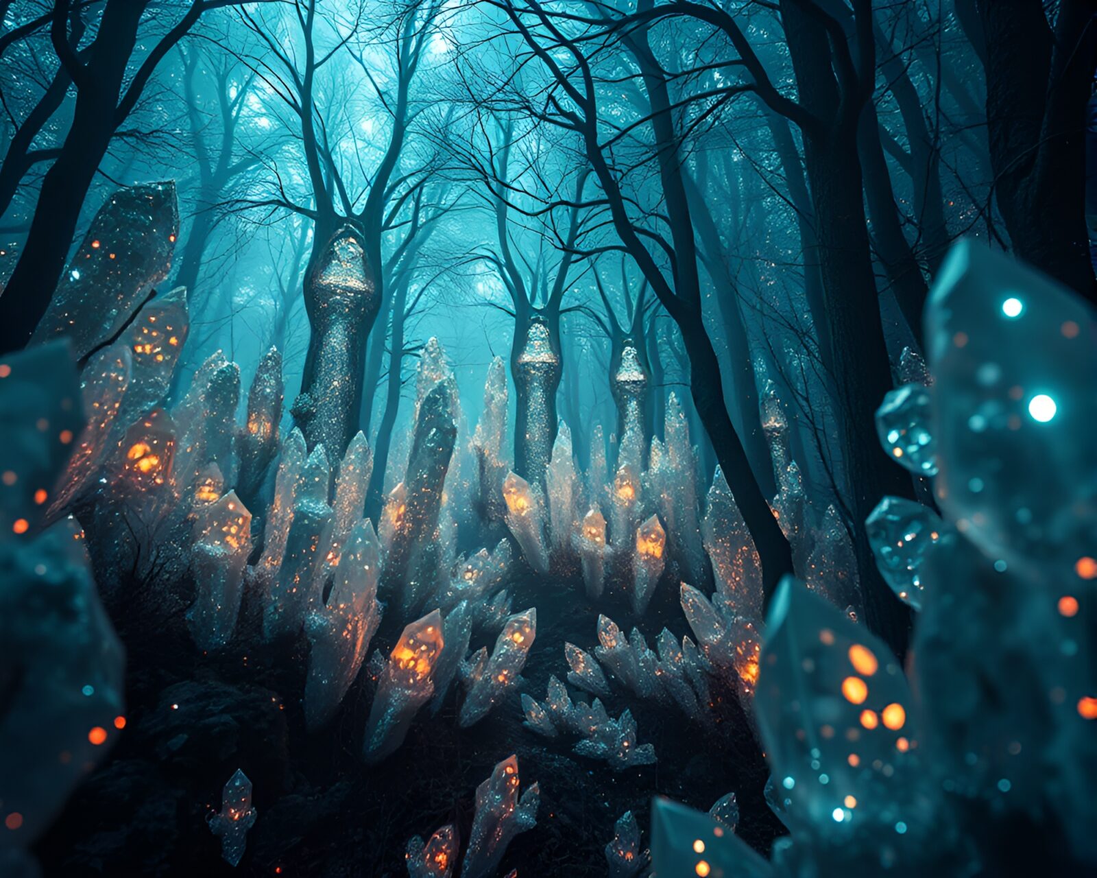 Ethereal silicon crystal forest creating a melancholic aura.