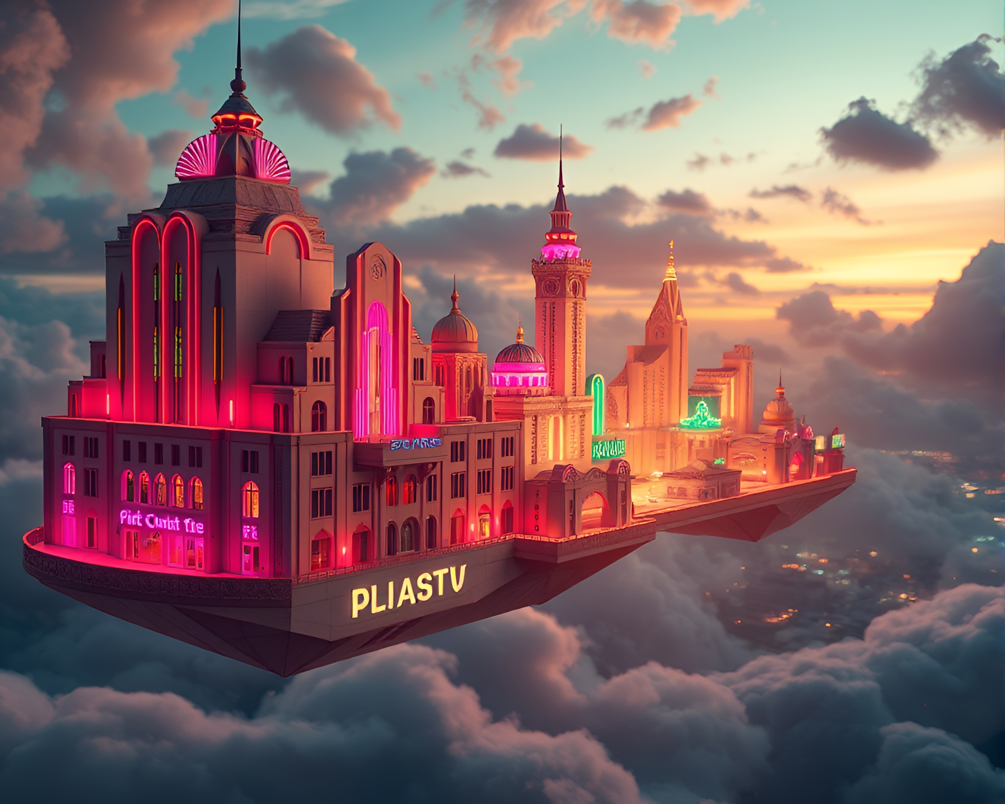Surreal Origami City Floating in Neon Sky – free AI stock image