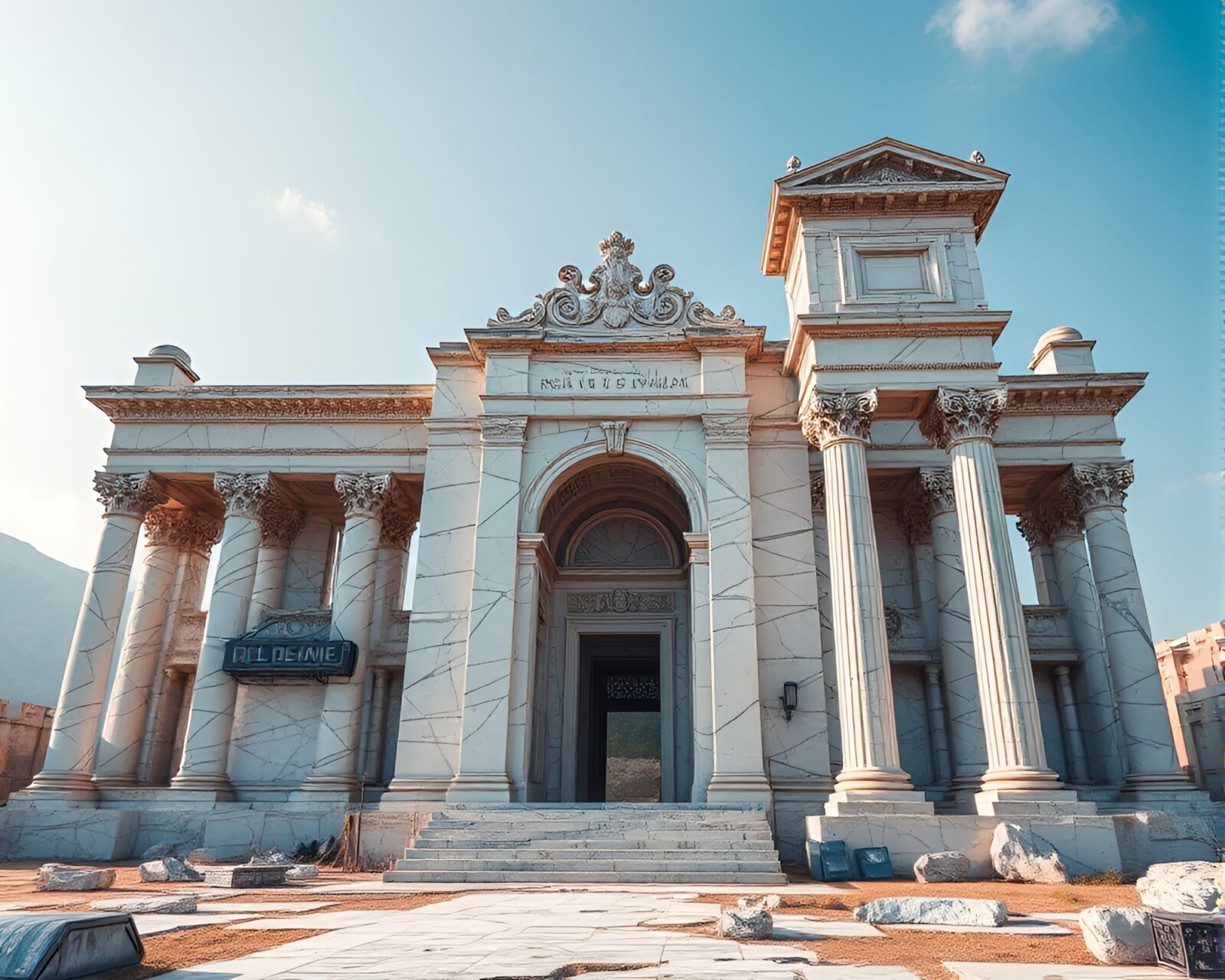 Marble palace ruins with modern technological elements in abstract art