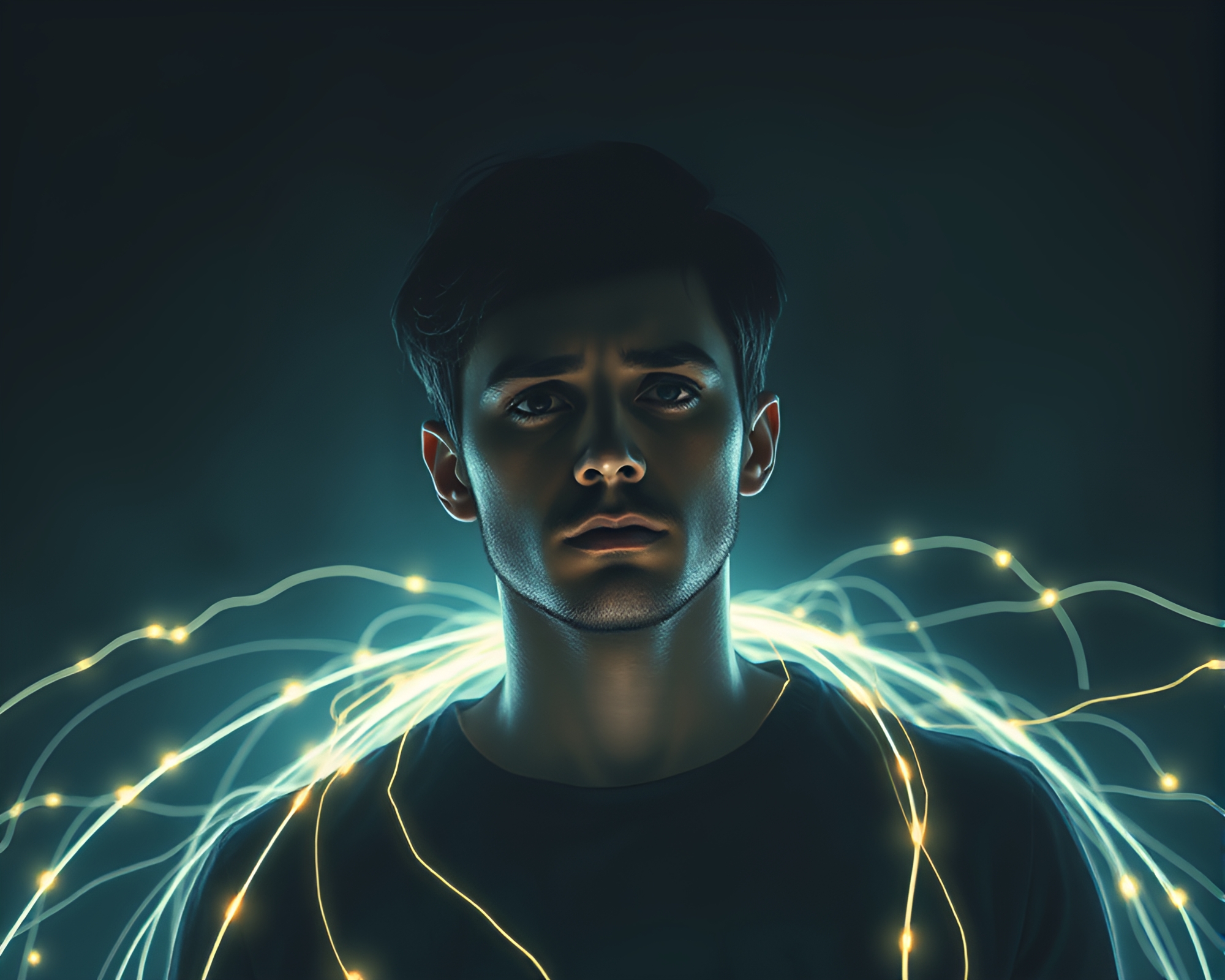 Melancholic Portrait with Glowing Magnetic Field Lines – free AI stock image