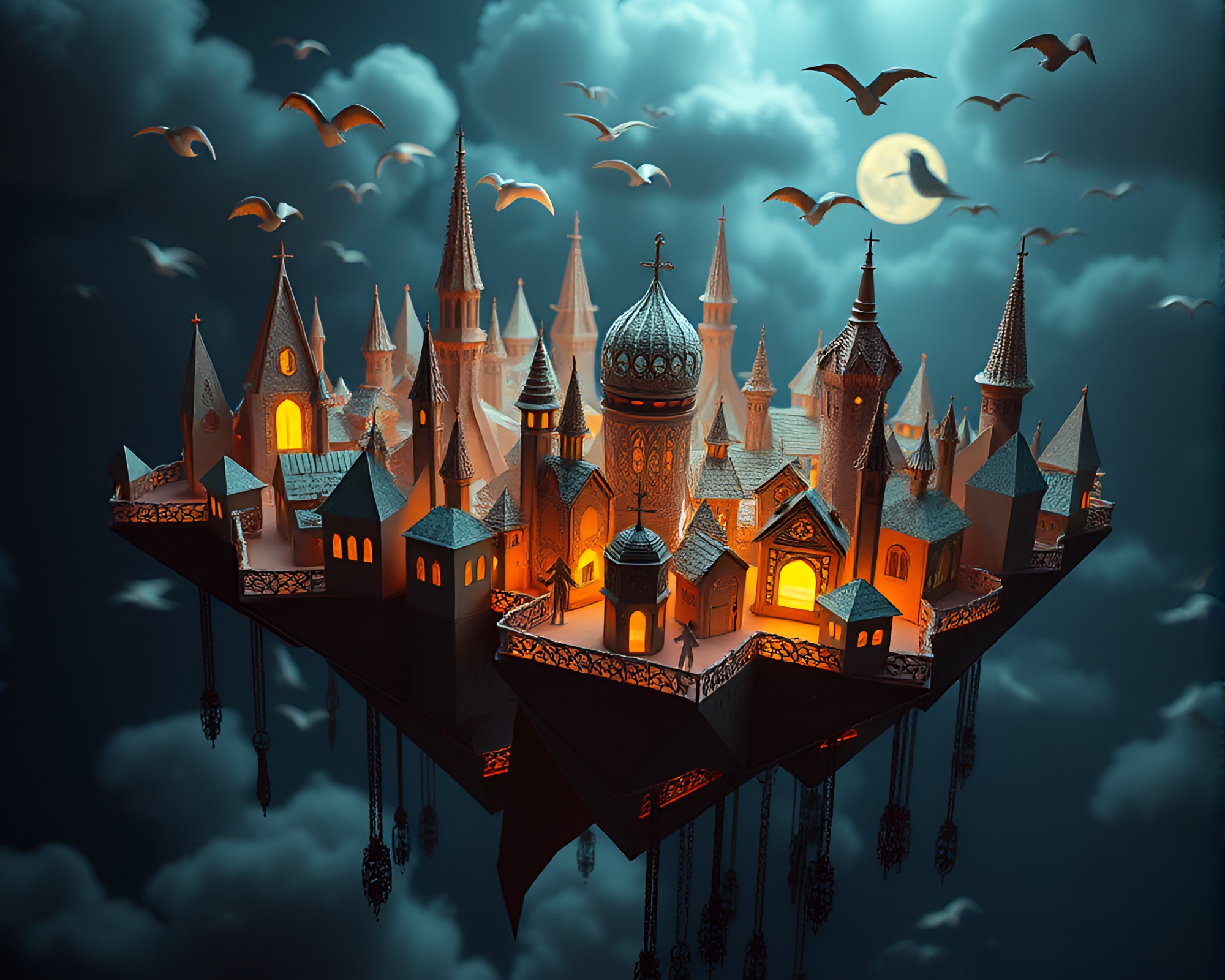 Surreal Origami City Floating with Intricate Embroidery Patterns – free AI stock image
