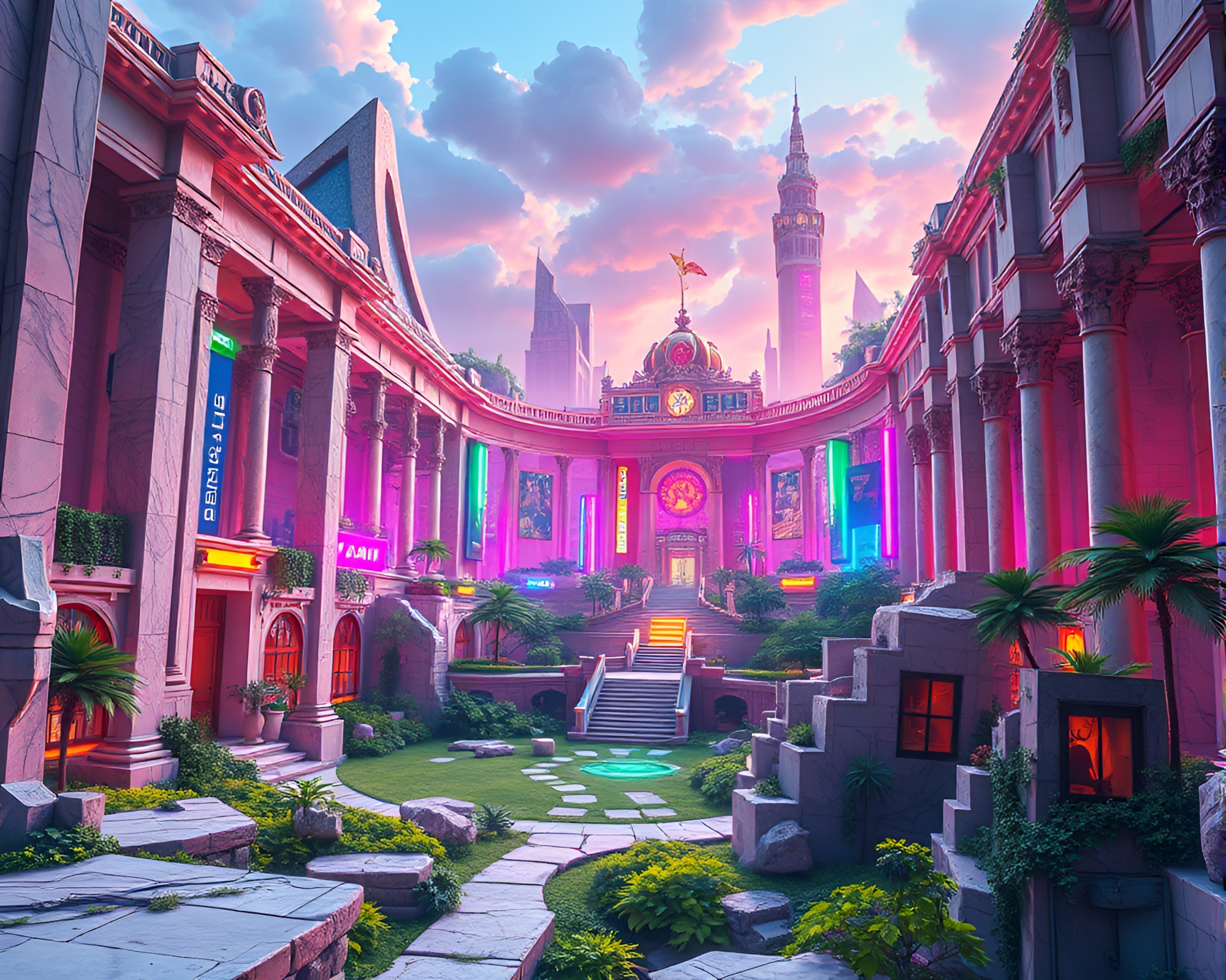 Futuristic Cityscape Rising from Grand Marble Palace Ruins – free AI stock image