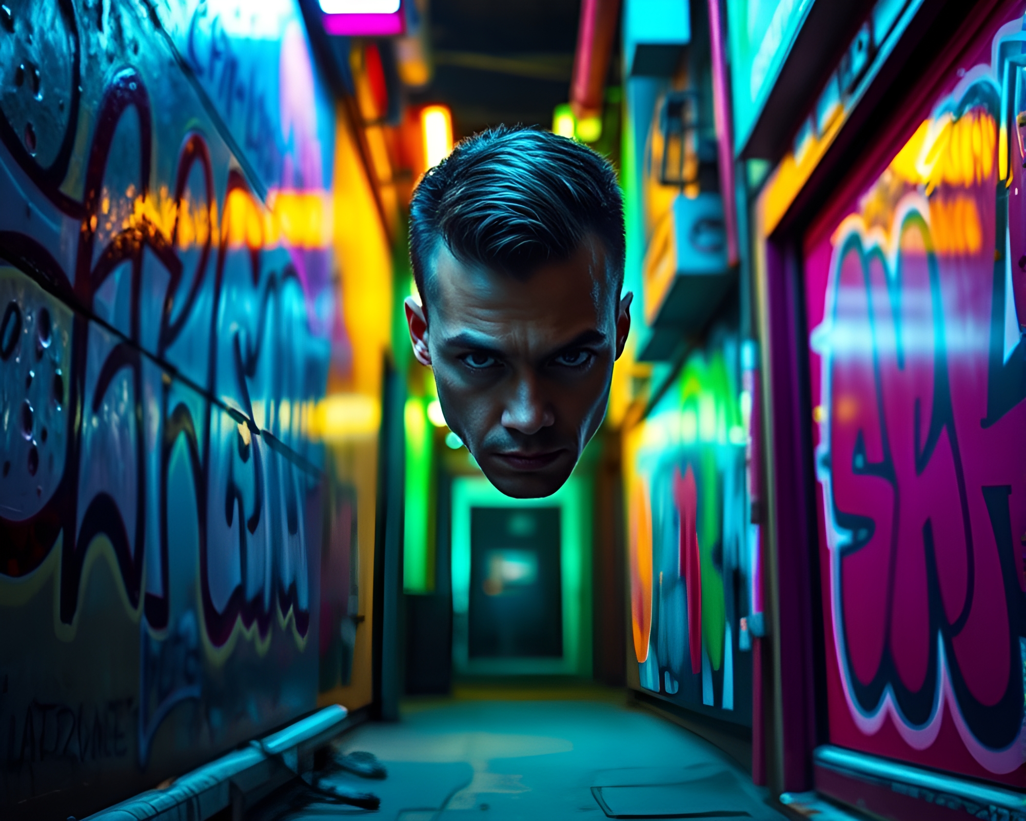 Neon-Drenched Alleyway Intrigue with Mysterious Portrait – free AI stock image