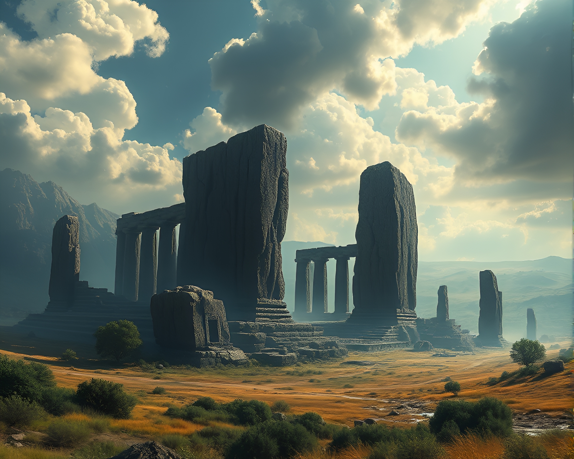 Enigmatic Monolithic Ruins in Vast Wilderness Digital Art – free AI stock image