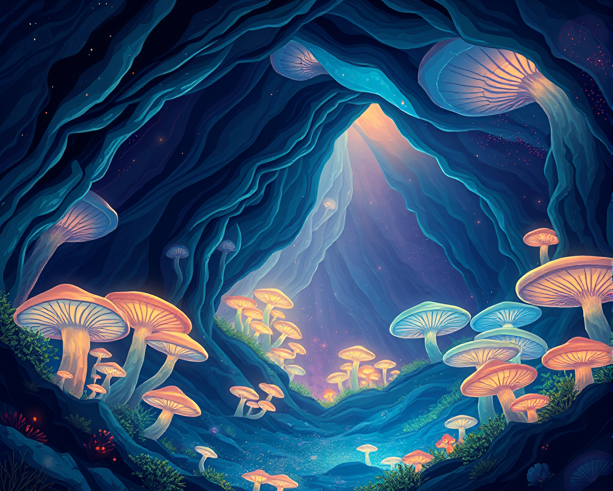 Enchanting Luminous Fungus-Filled Cavern Vector Illustration – free AI stock image