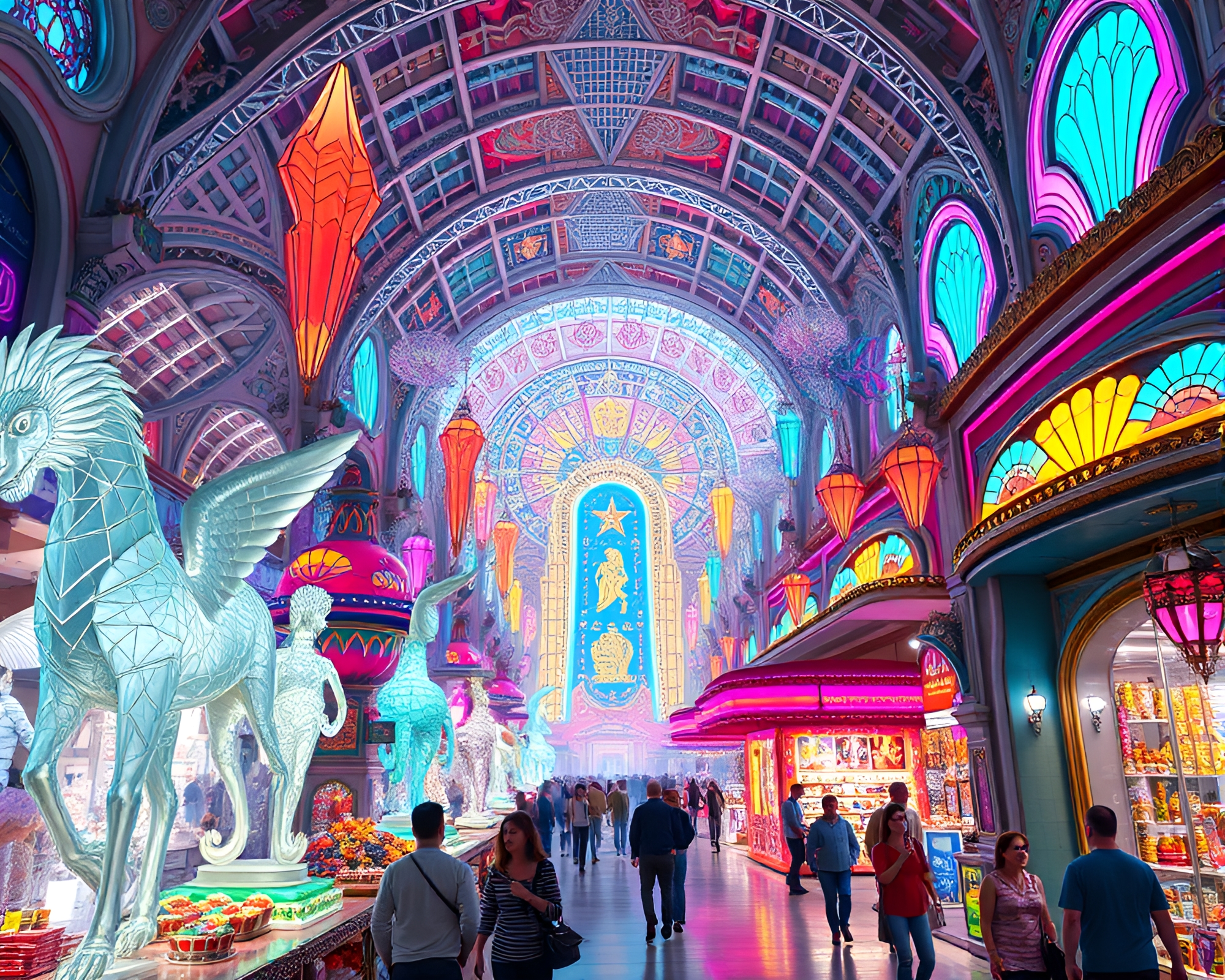 Electric Art Deco sculptures at holographic bazaar – free AI stock image