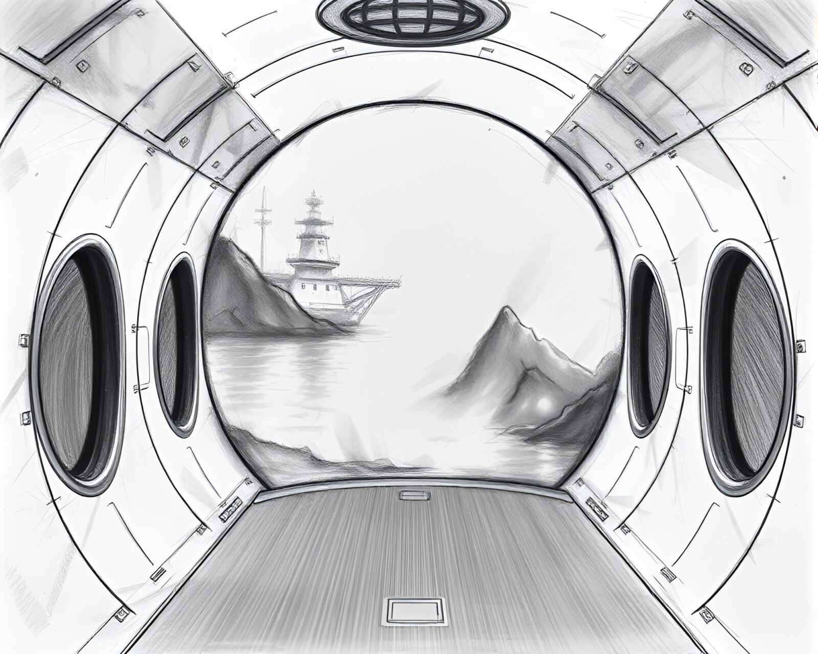 Detailed black and white sketch of serene zero-gravity scene