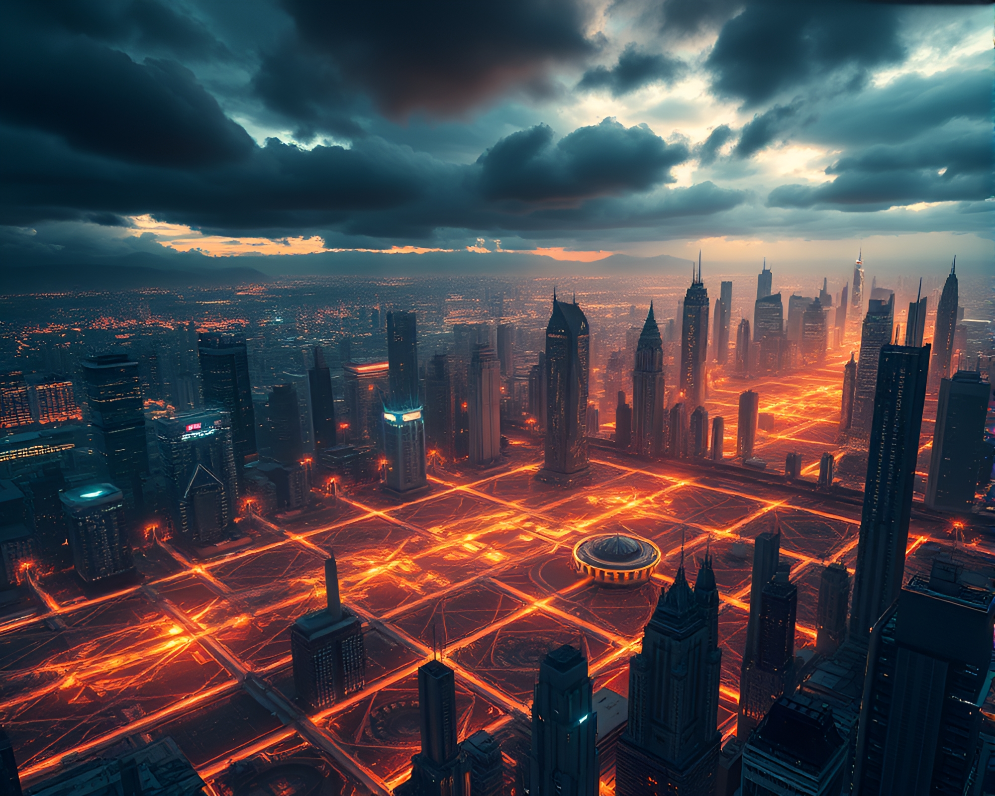 Futuristic Cityscape with Intricate Fractal Grid – free AI stock image