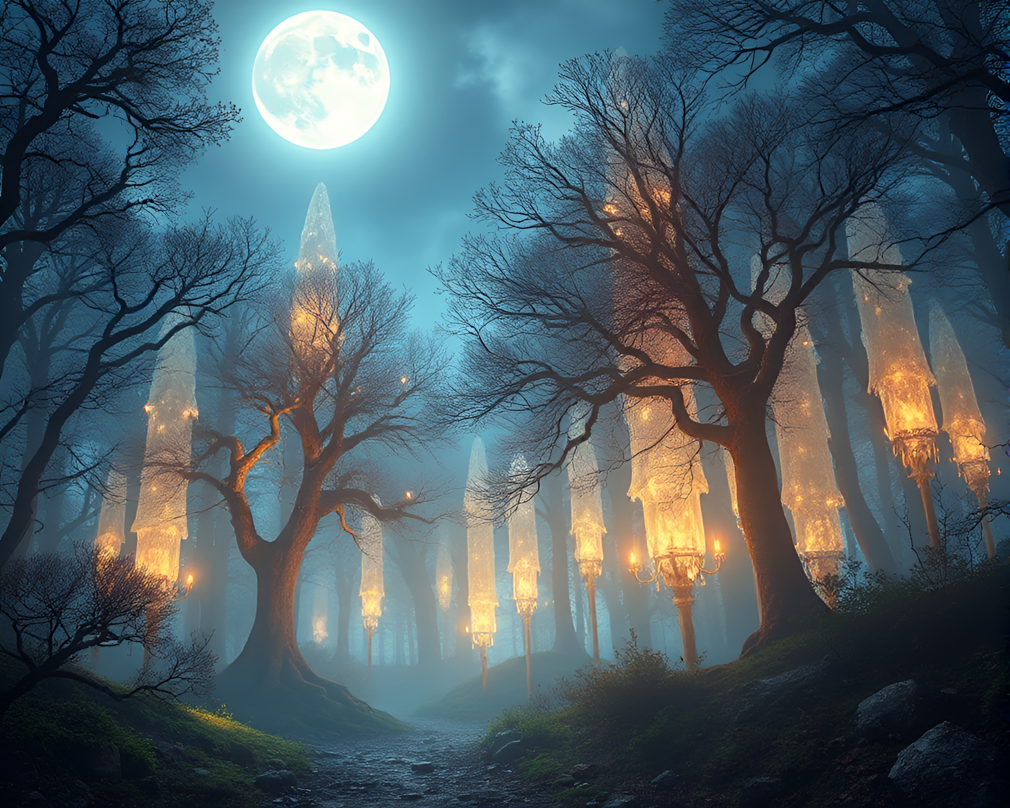 Enchanted Silicon Crystal Forest Glowing in Moonlight – free AI stock image