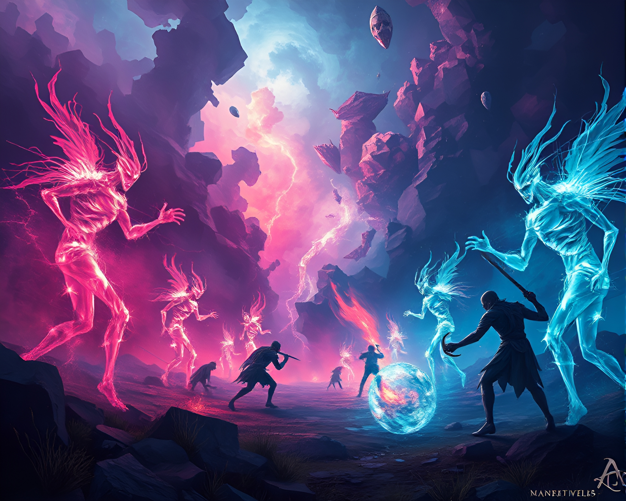 Spectral Cubist Battle: Otherworldly Artistry in Motion – free AI stock image