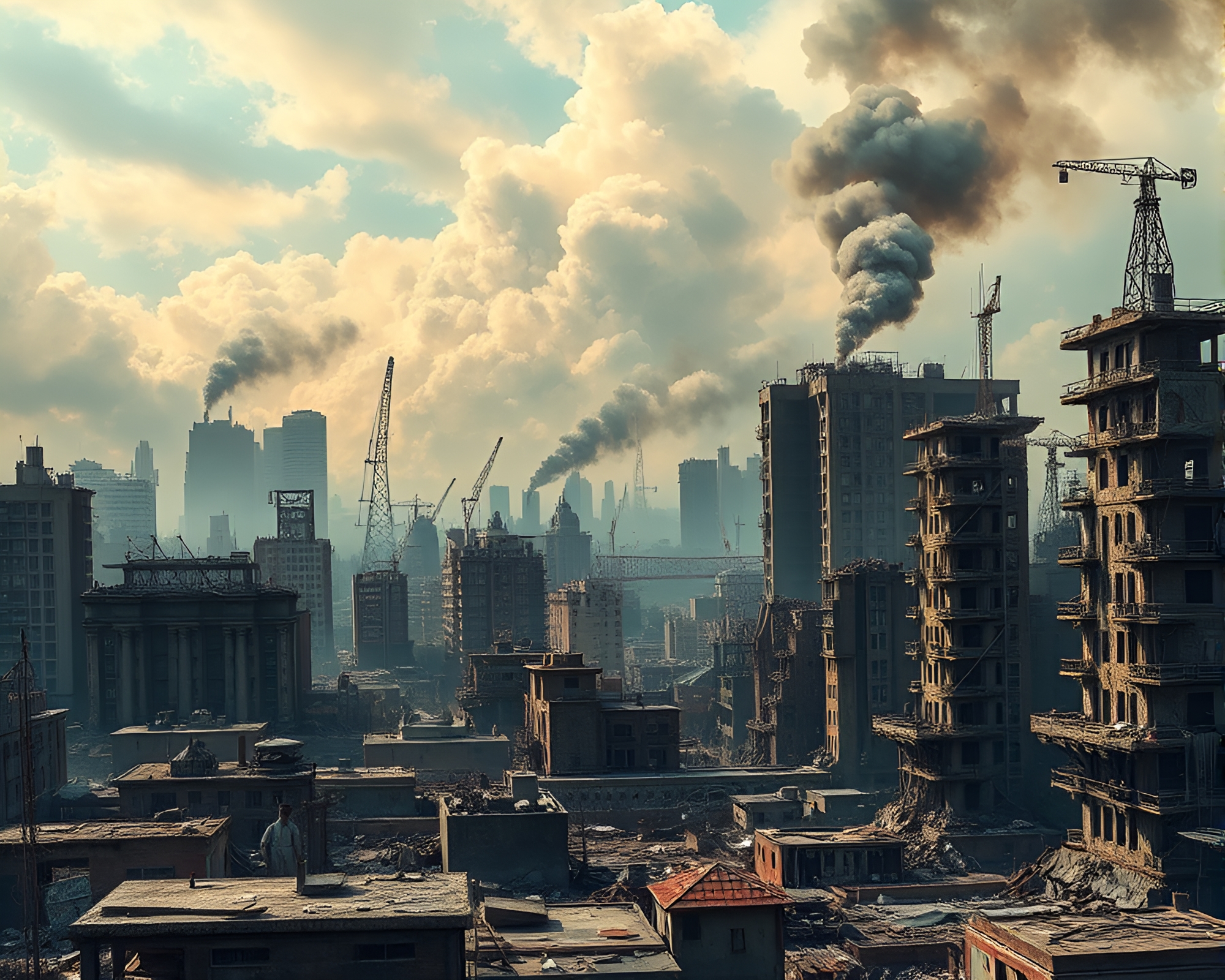 Post-Apocalyptic Urban Skyline Dominated by Crumbling Buildings – free AI stock image
