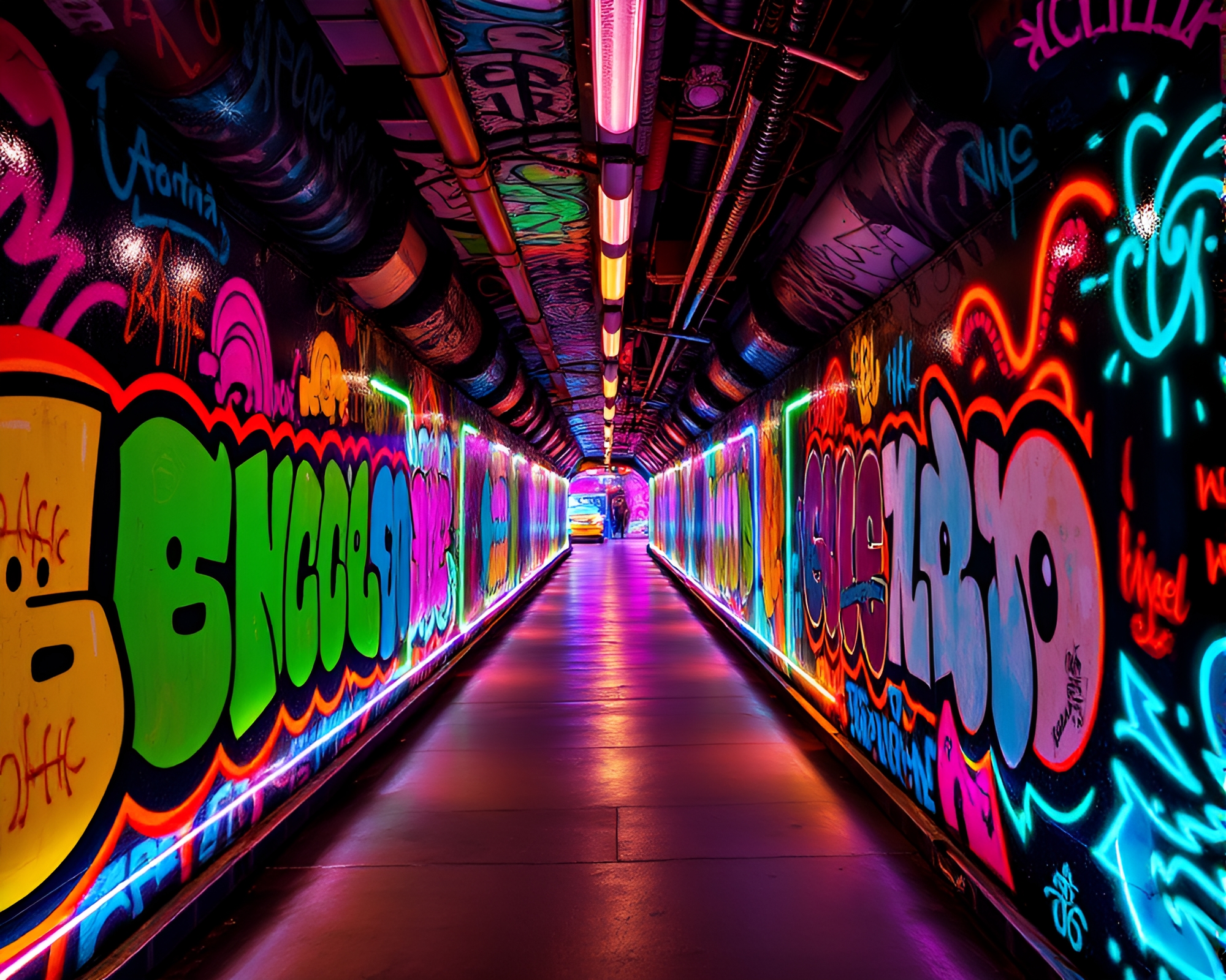Vibrant Neon Graffiti Tunnel Art Installation Showcase – free AI stock image