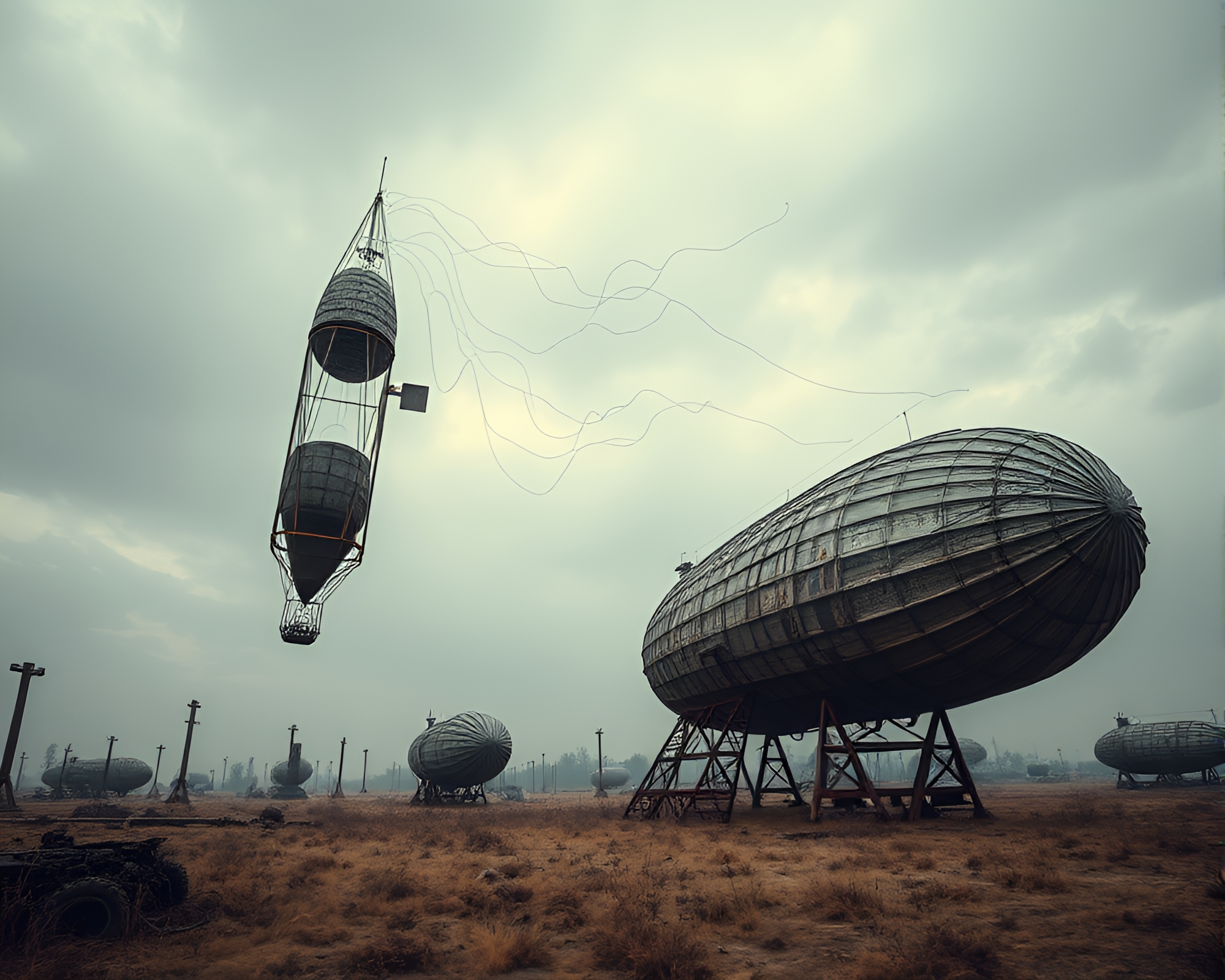 Eerie Kinetic Sculpture in Zeppelin Graveyard – free AI stock image