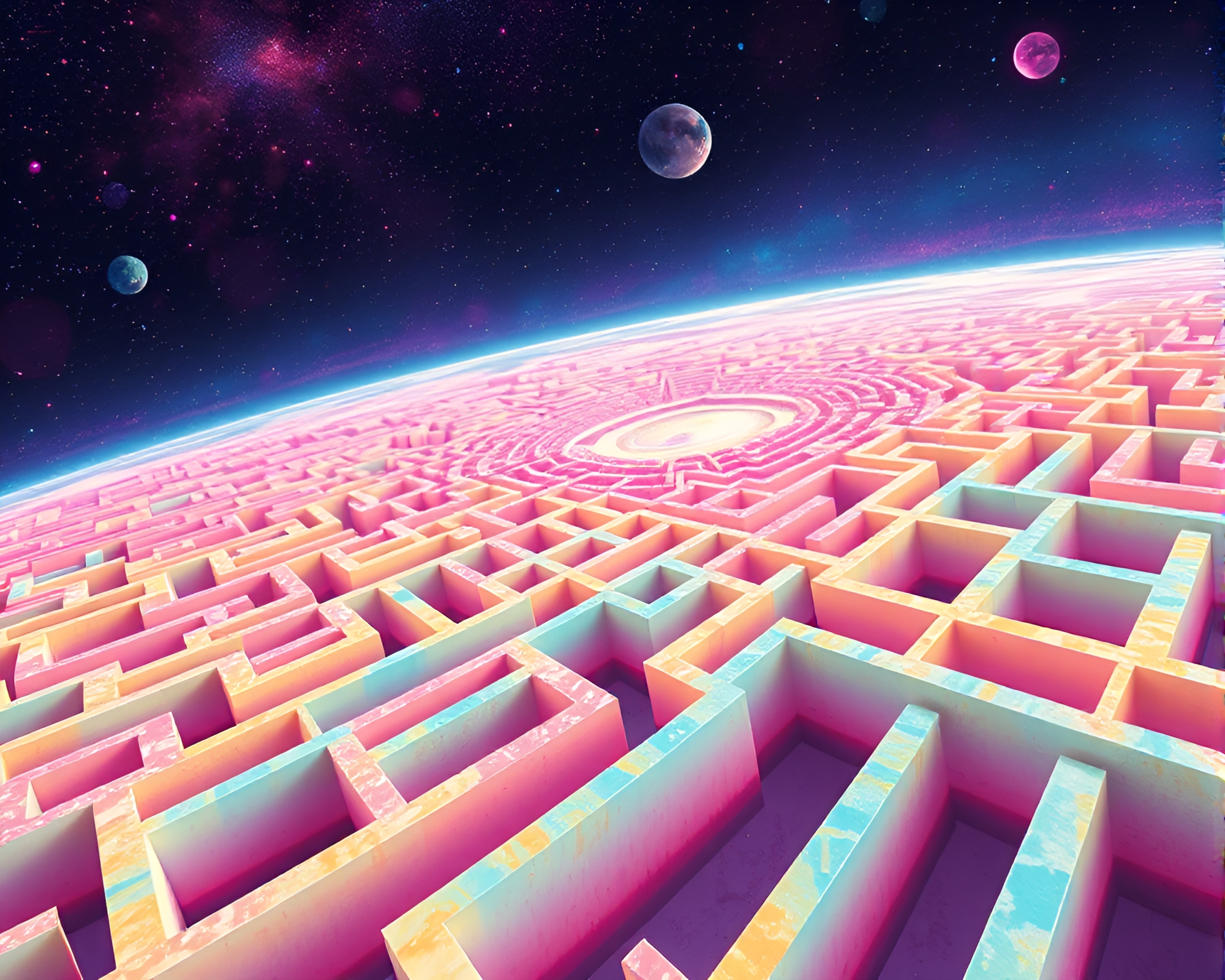 Vibrant Candy-Colored Maze in Cosmic Digital Landscape – free AI stock image
