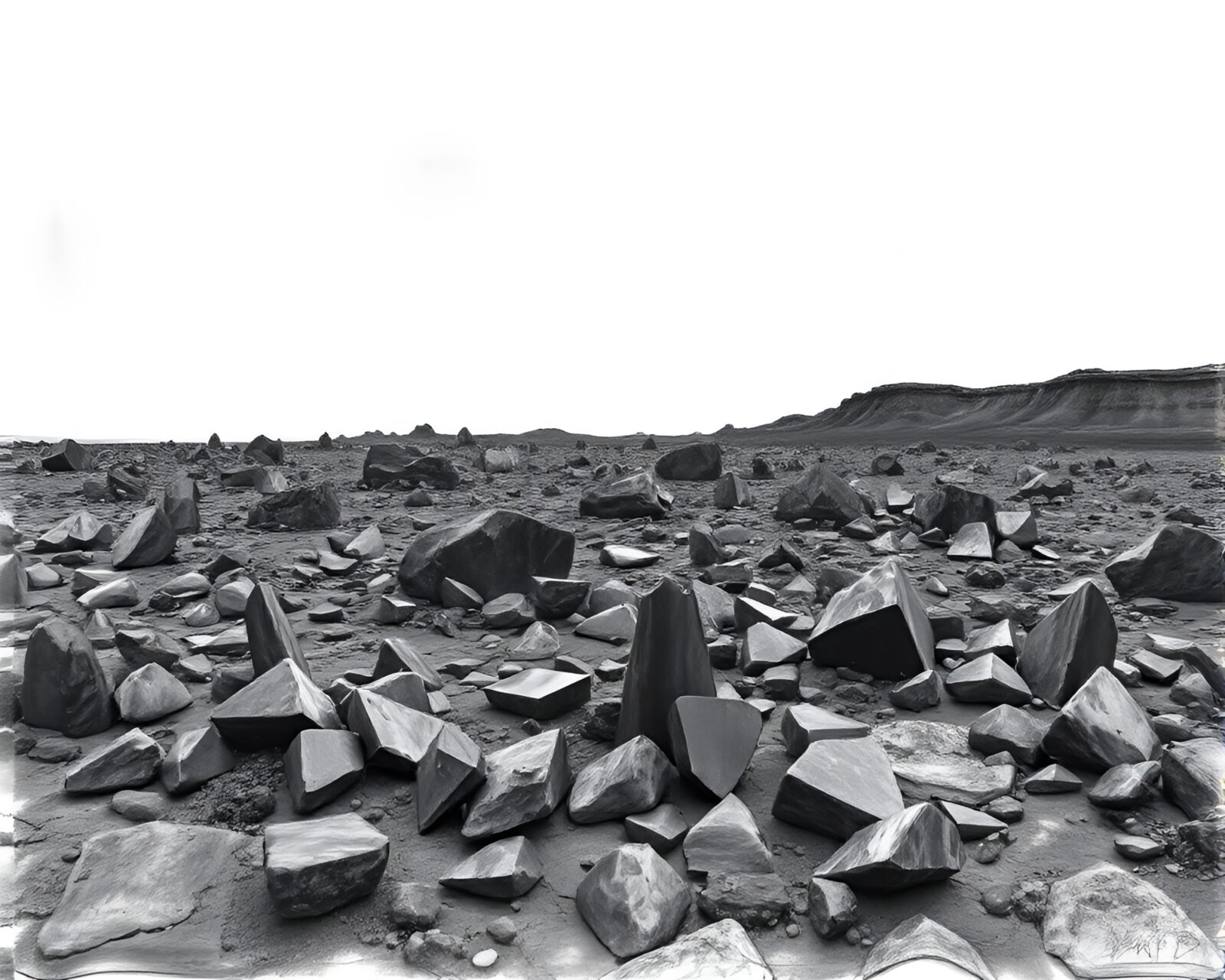 Ethereal charcoal sketch of tranquil lava field with obsidian formations
