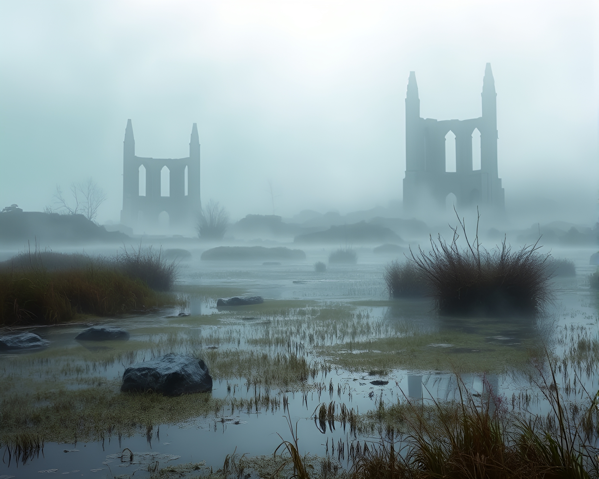 Ethereal Mist Envelops Ancient Marsh Ruins – free AI stock image