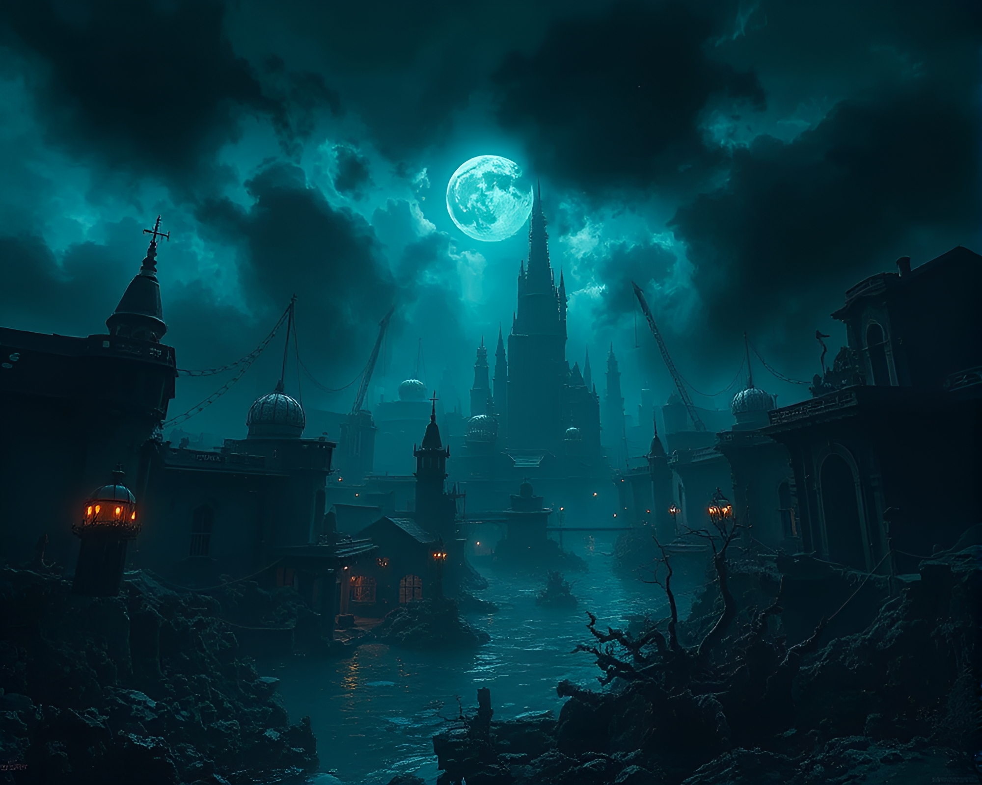 Eerie sunken cityscape filled with mystery and intrigue – free AI stock image