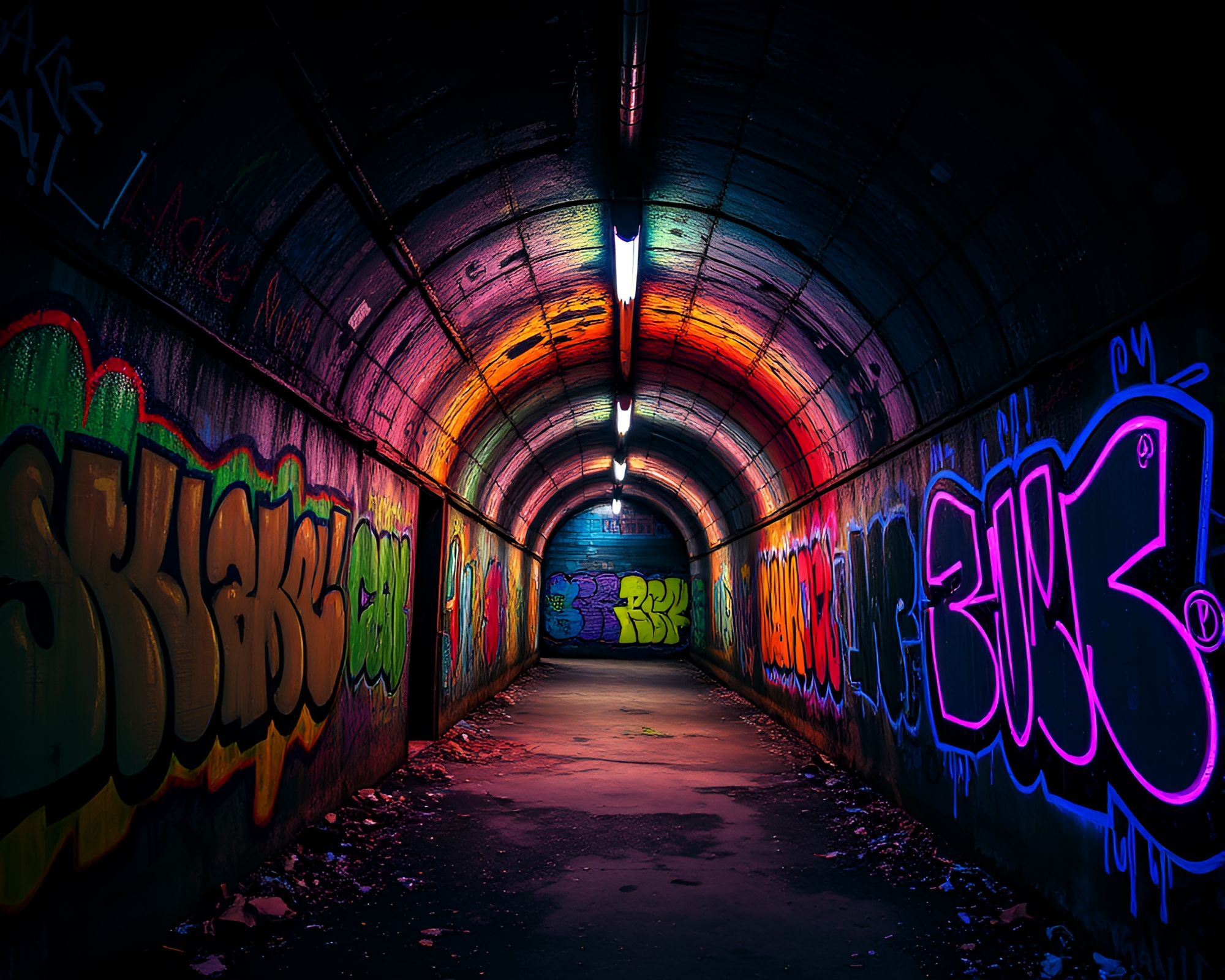 Melancholic Neon Graffiti Tunnel with Vibrant Street Art – free AI stock image