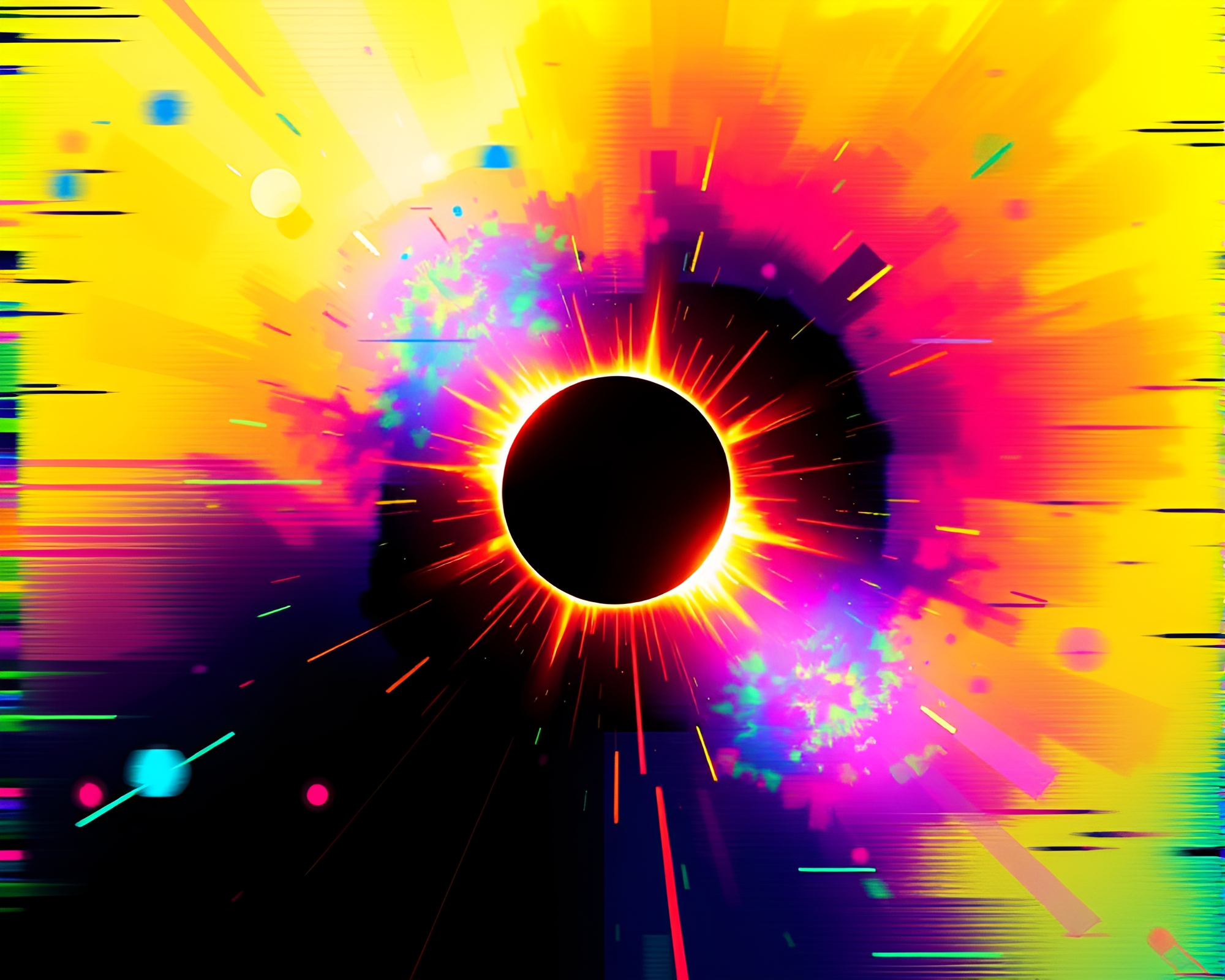 Vibrant Solar Eclipse Drifting in Glitch Art Frame – free AI stock image