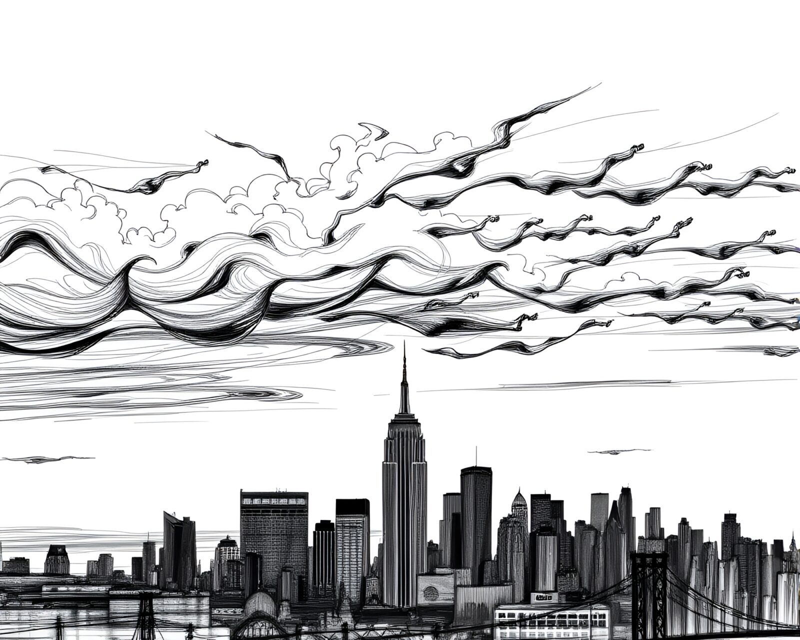 Pastel sky above cityscape captured in charcoal artwork
