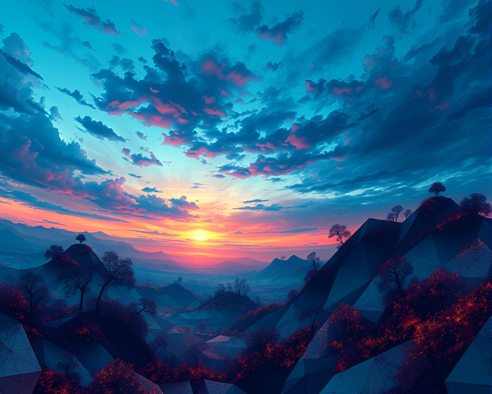 Dreamy and surreal twilight landscape with fractal-inspired impressionistic elements