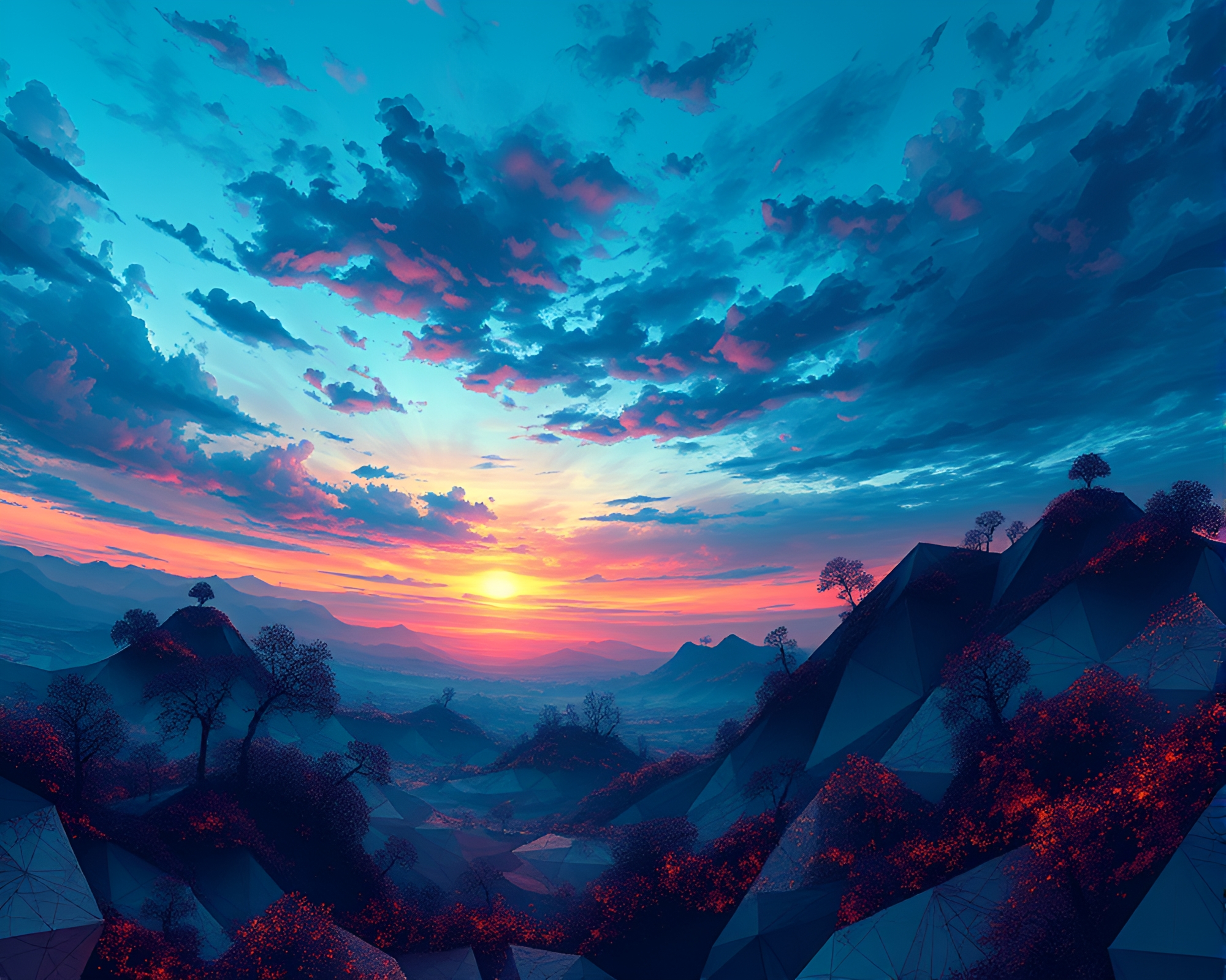 Twilight Landscape: Fractal Geometry Meets Impressionism – free AI stock image