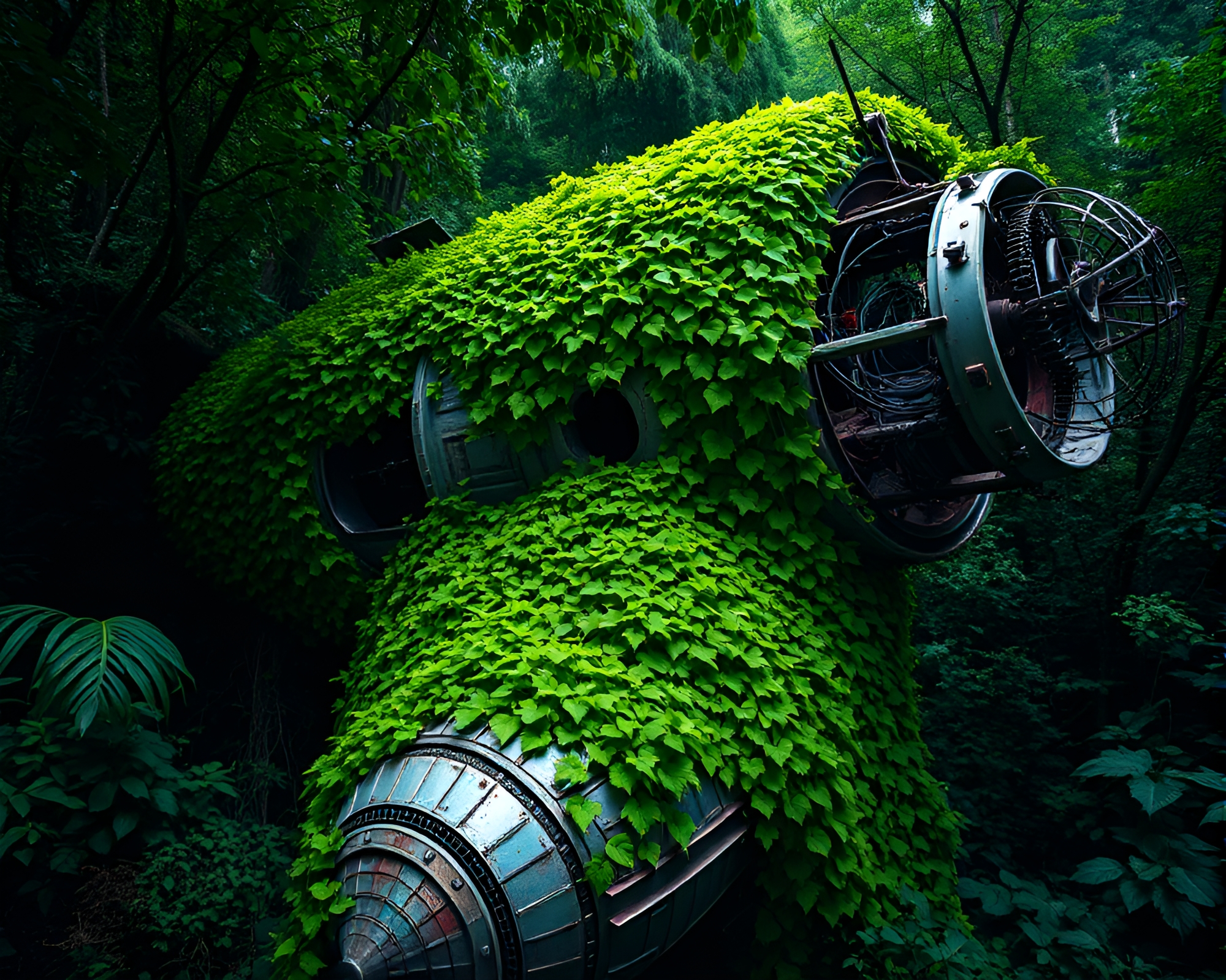 Enigmatic Scene: Abandoned Spaceship with Kinetic Sculpture – free AI stock image